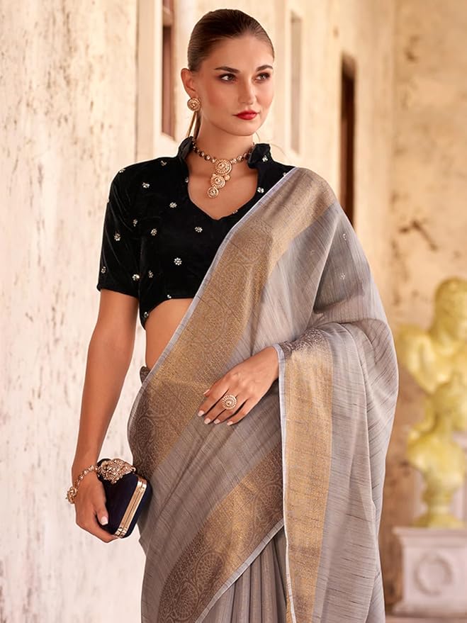 Buy MySilkLove Hemp Grey Zari Woven Linen Saree Online