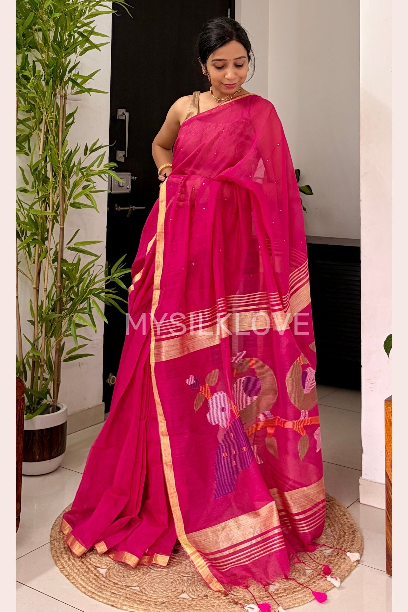 Buy MySilkLove Zinnia Pink Handloom Chanderi Cotton Silk Saree Online