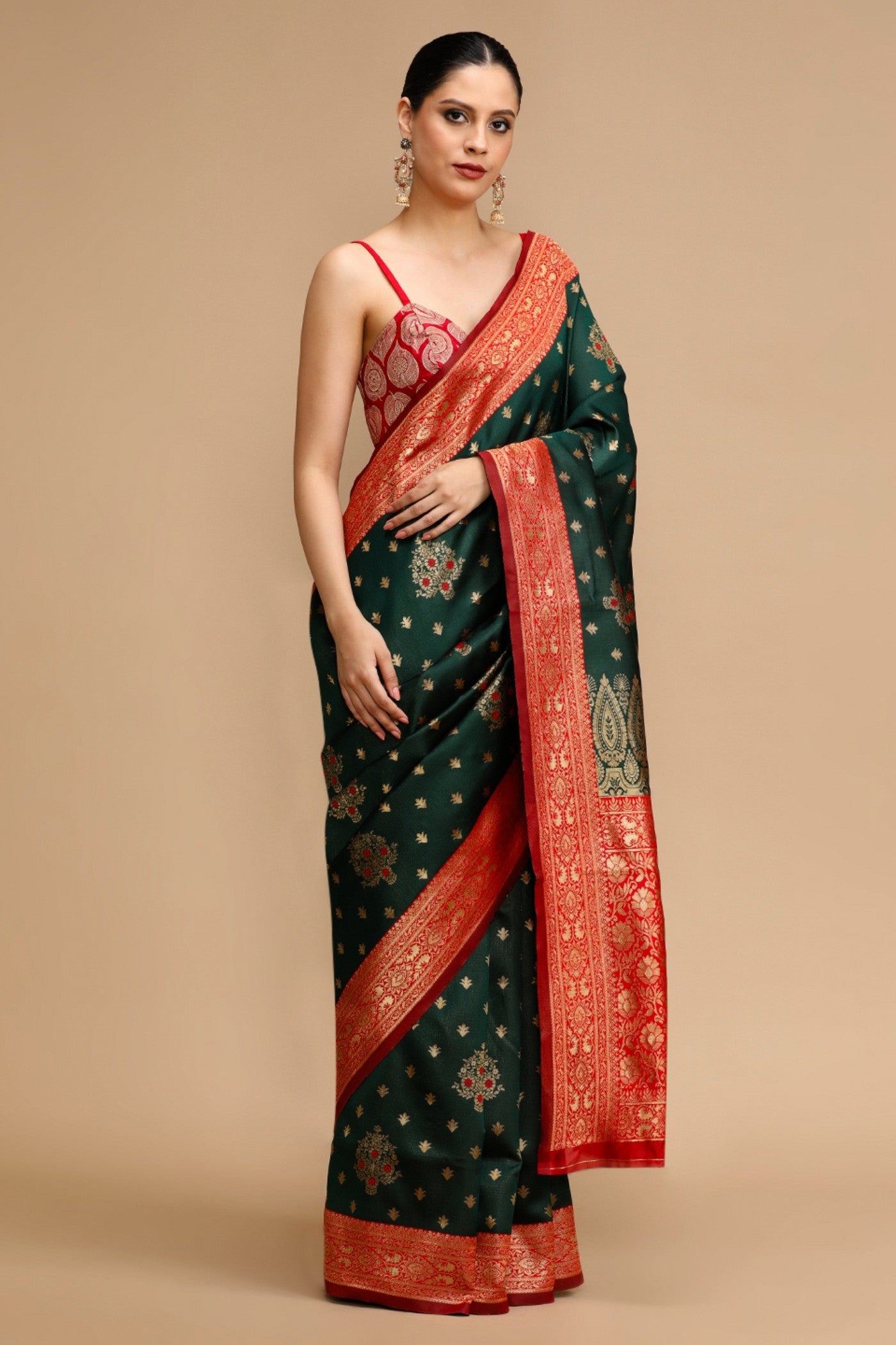 MySilkLove Sage Green and Red Woven Jacquard Lichi Silk Saree