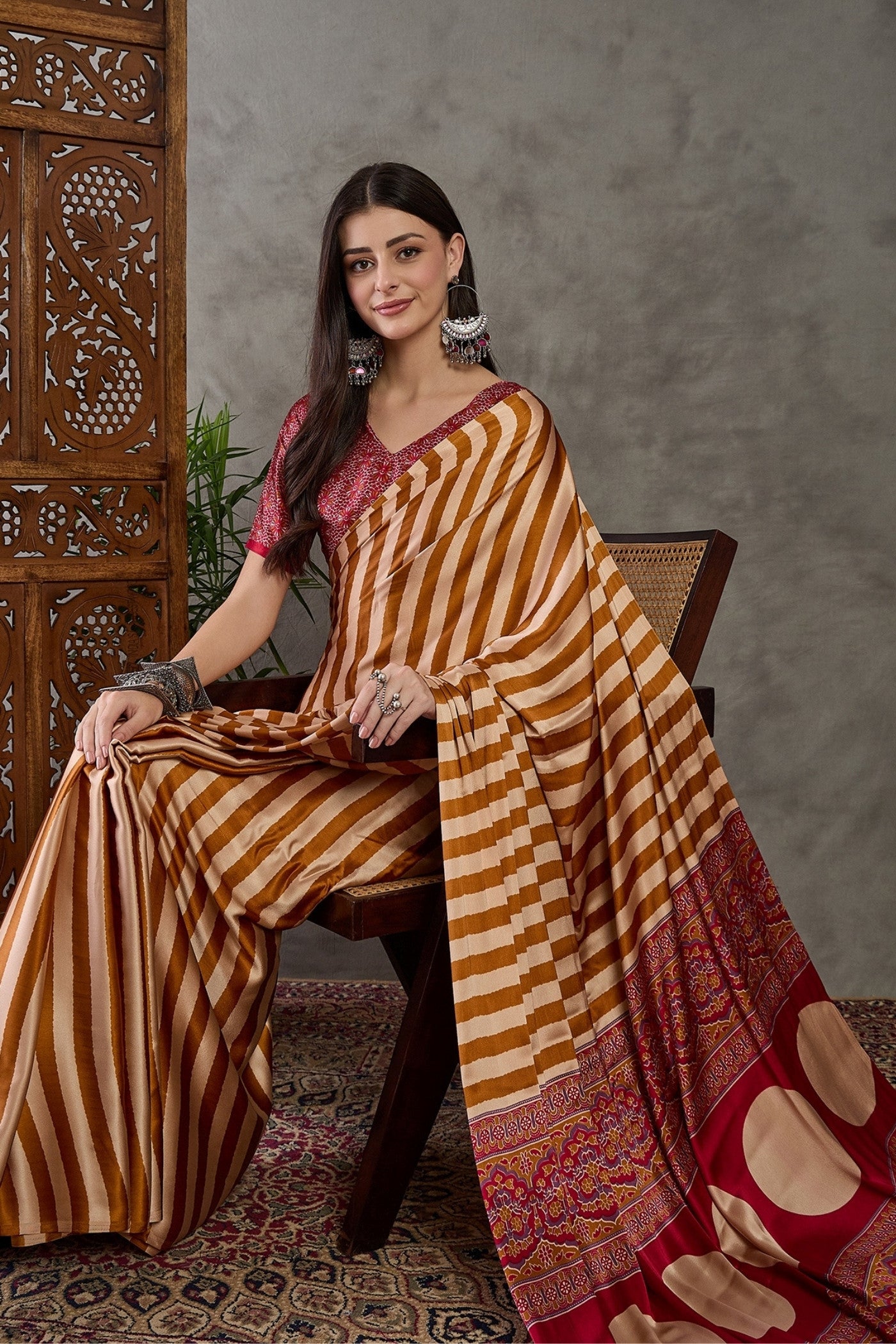 Buy MySilkLove Glossy Orange Stripe Ajrakh Printed Satin Gaji Silk Saree Online