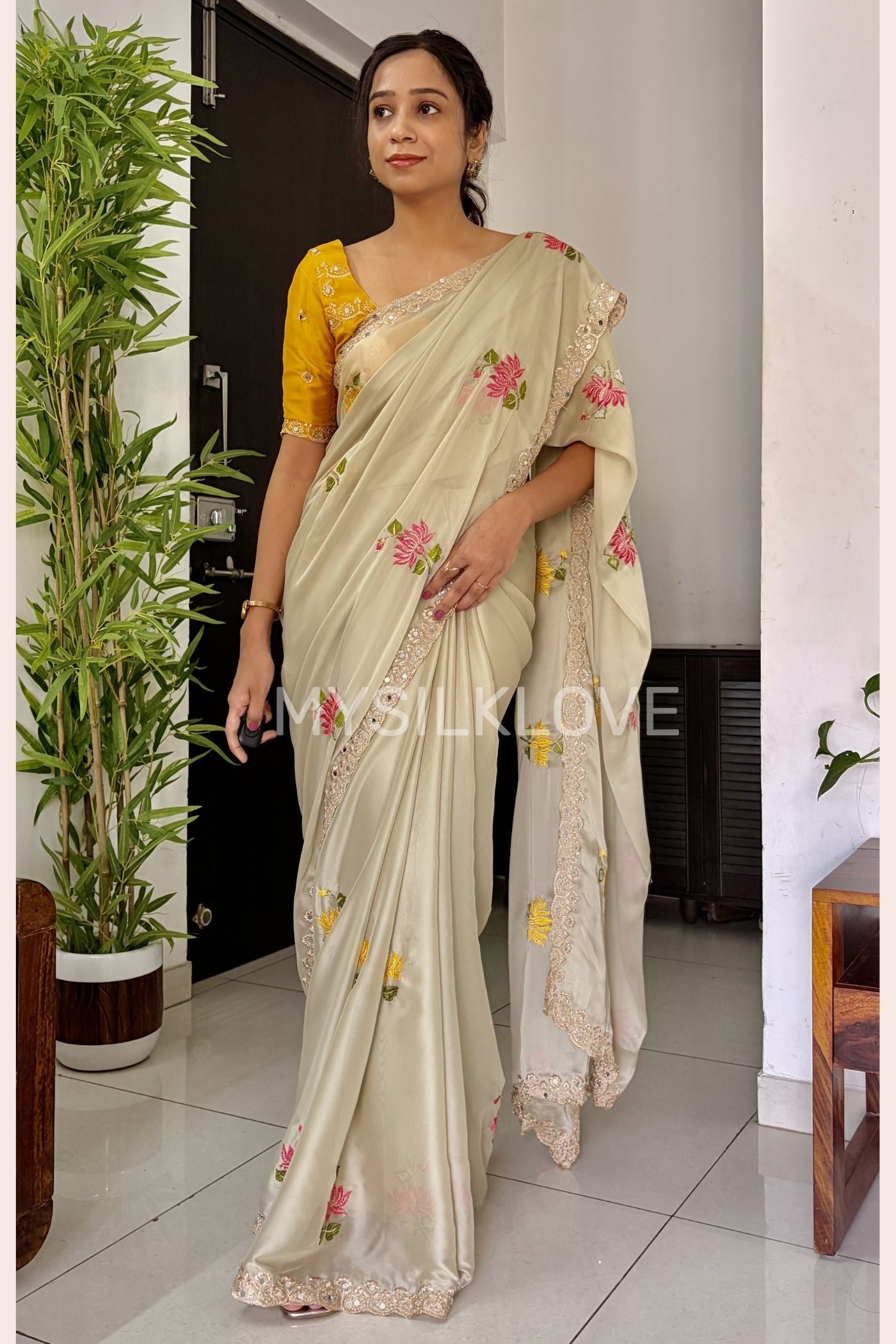 Buy MySilkLove Milk Cream and Yellow Embroidery Chiffon Floral Saree Without Blouse Online