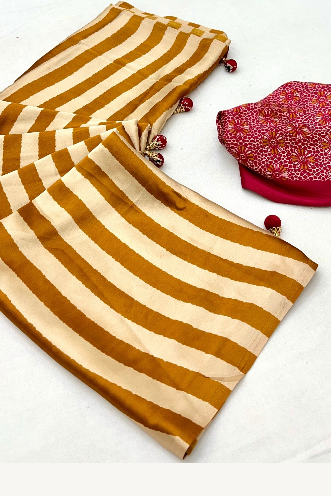 Buy MySilkLove Glossy Orange Stripe Ajrakh Printed Satin Gaji Silk Saree Online