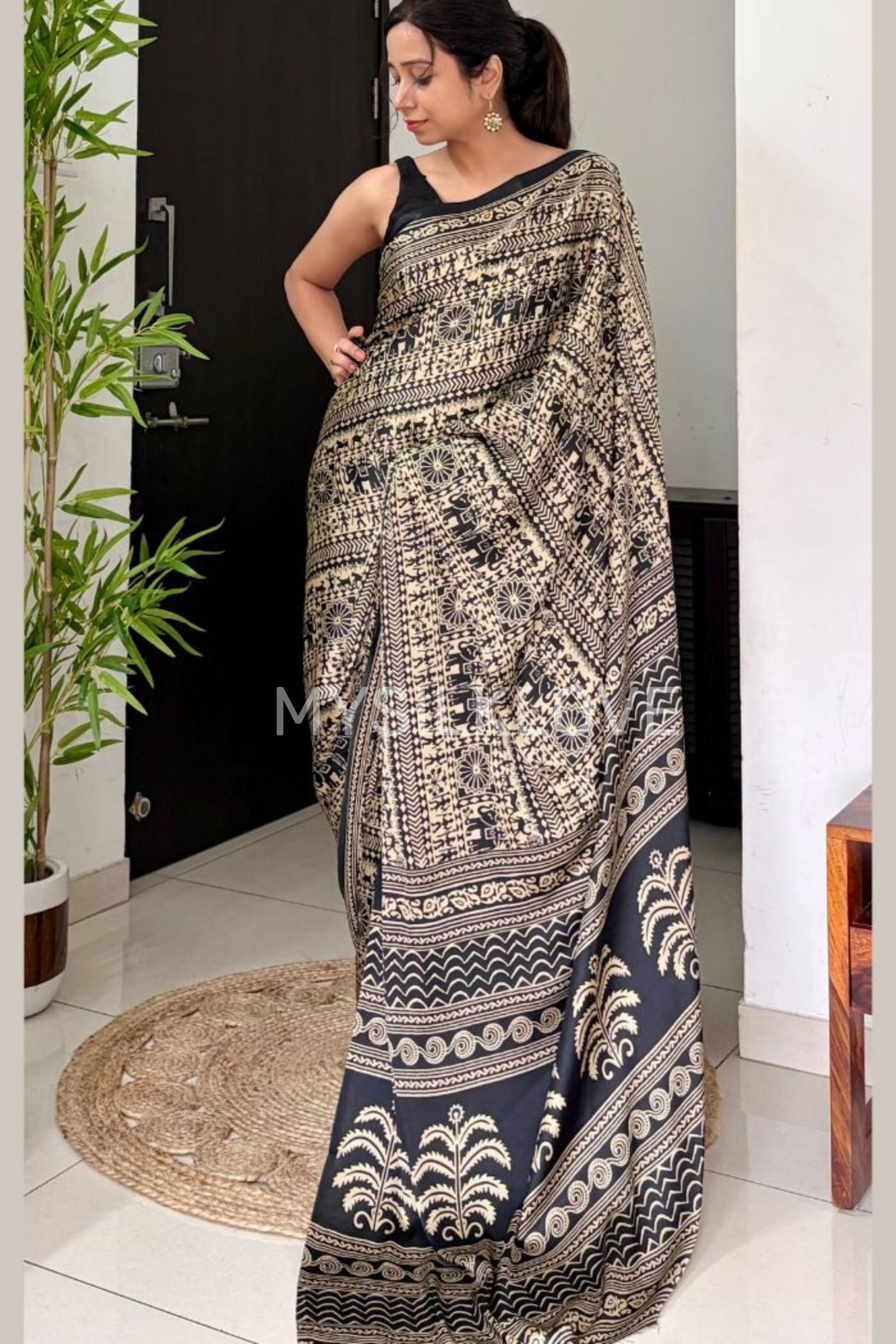 Buy MySilkLove Black Cat Modal Satin Kalamkari Printed Saree Online