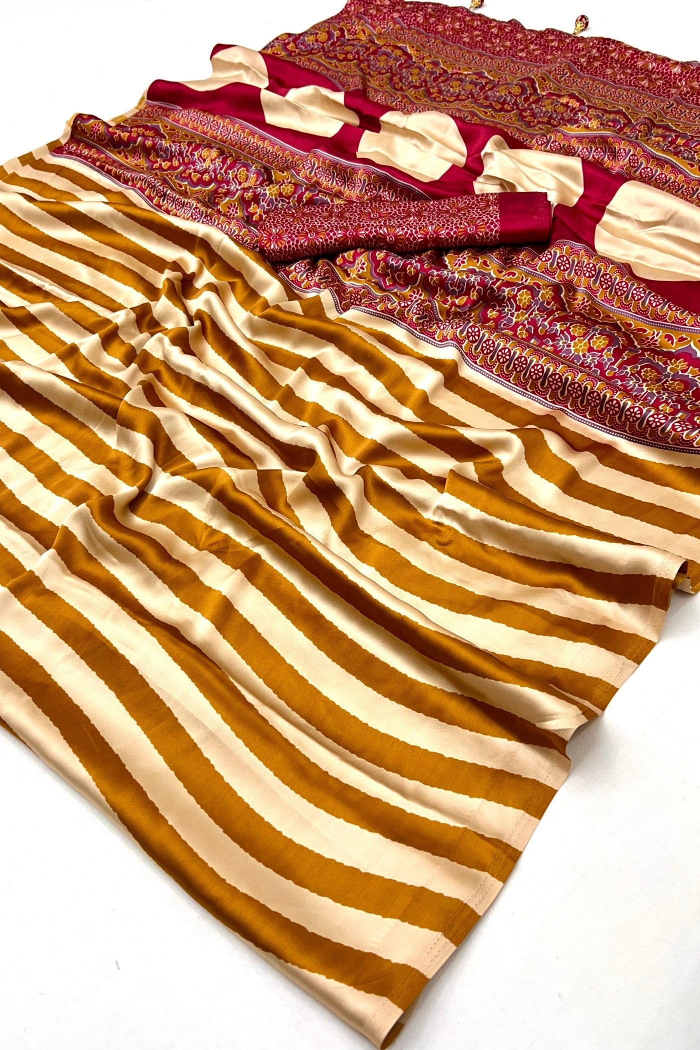 Buy MySilkLove Glossy Orange Stripe Ajrakh Printed Satin Gaji Silk Saree Online