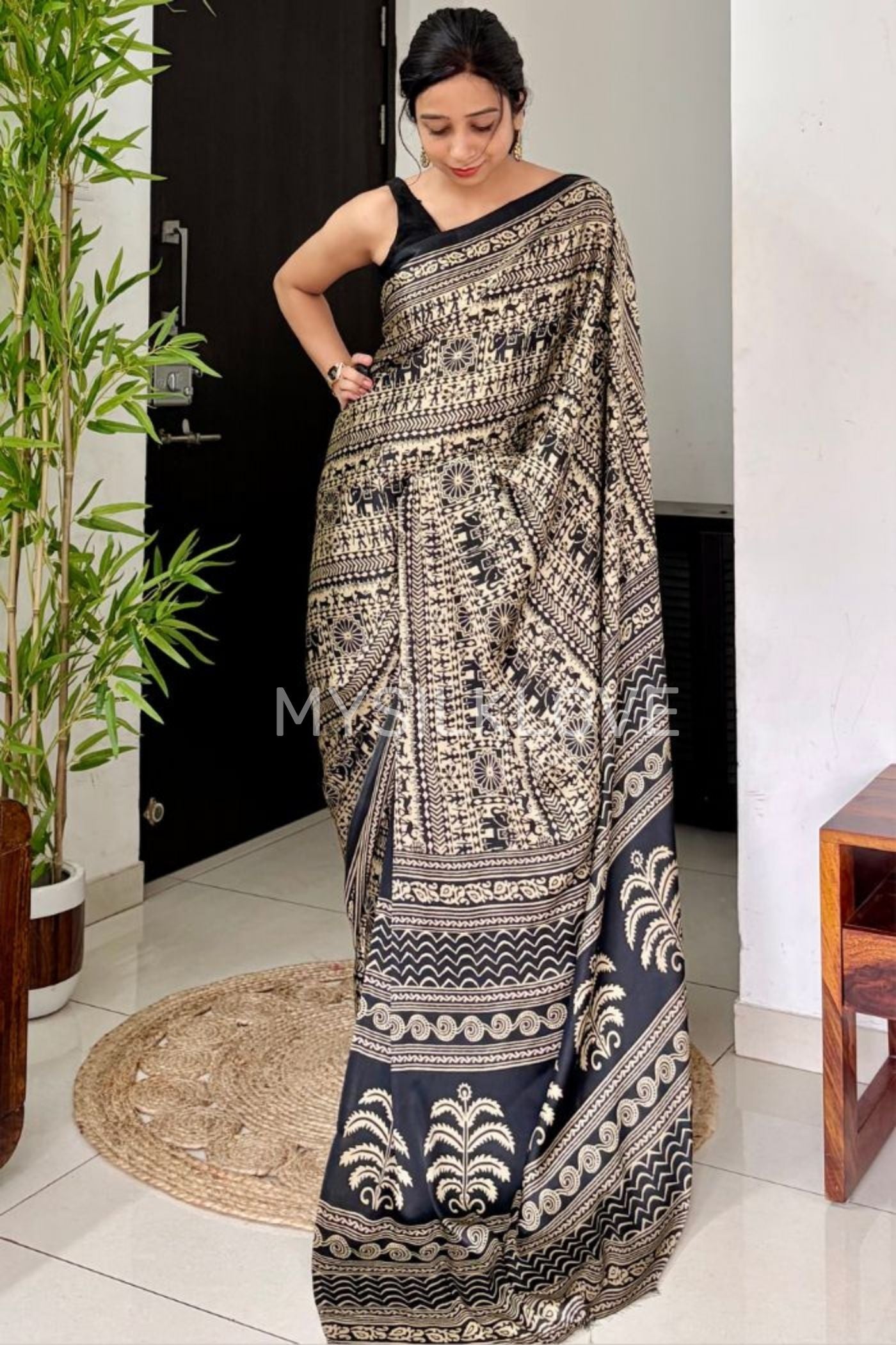 Buy MySilkLove Black Cat Modal Satin Kalamkari Printed Saree Online