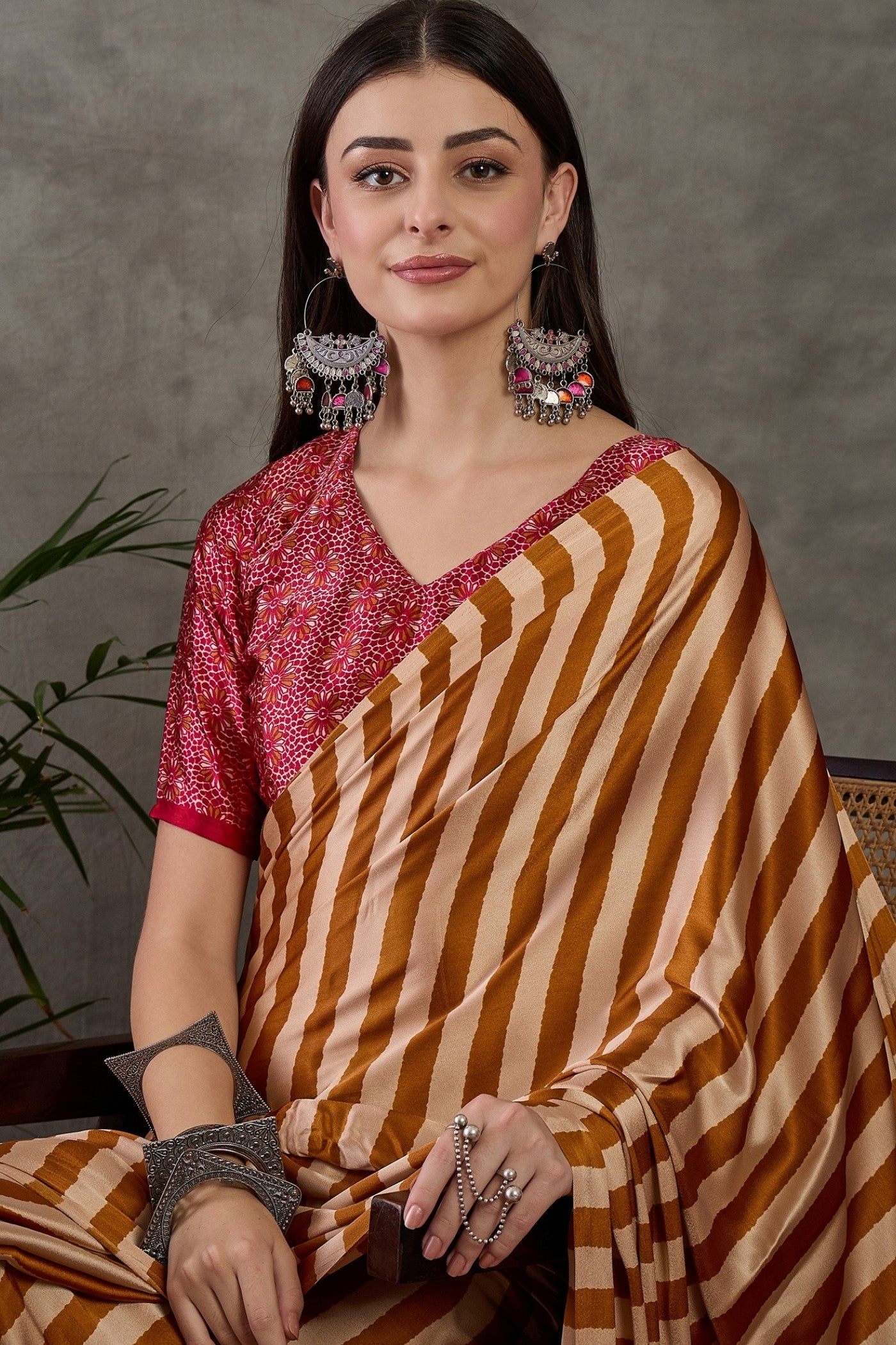 Buy MySilkLove Glossy Orange Stripe Ajrakh Printed Satin Gaji Silk Saree Online