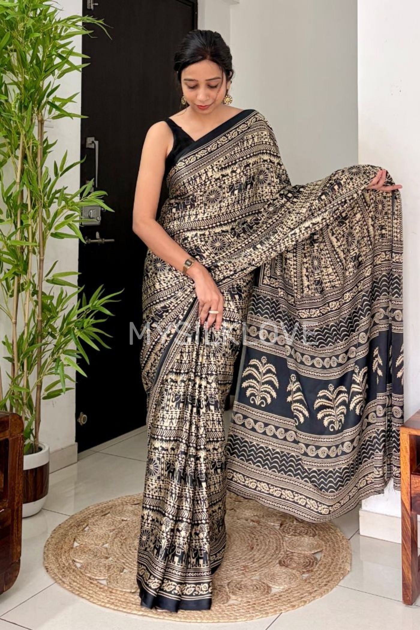 MySilkLove Black Cat Modal Satin Kalamkari Printed Saree