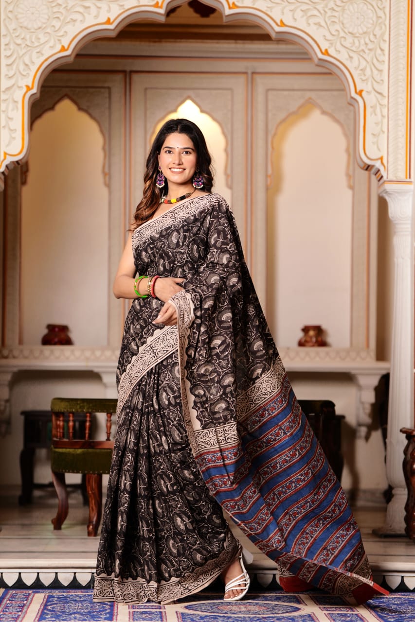 Buy MySilkLove Woody Black Pure Cotton Handblock Printed Saree Online