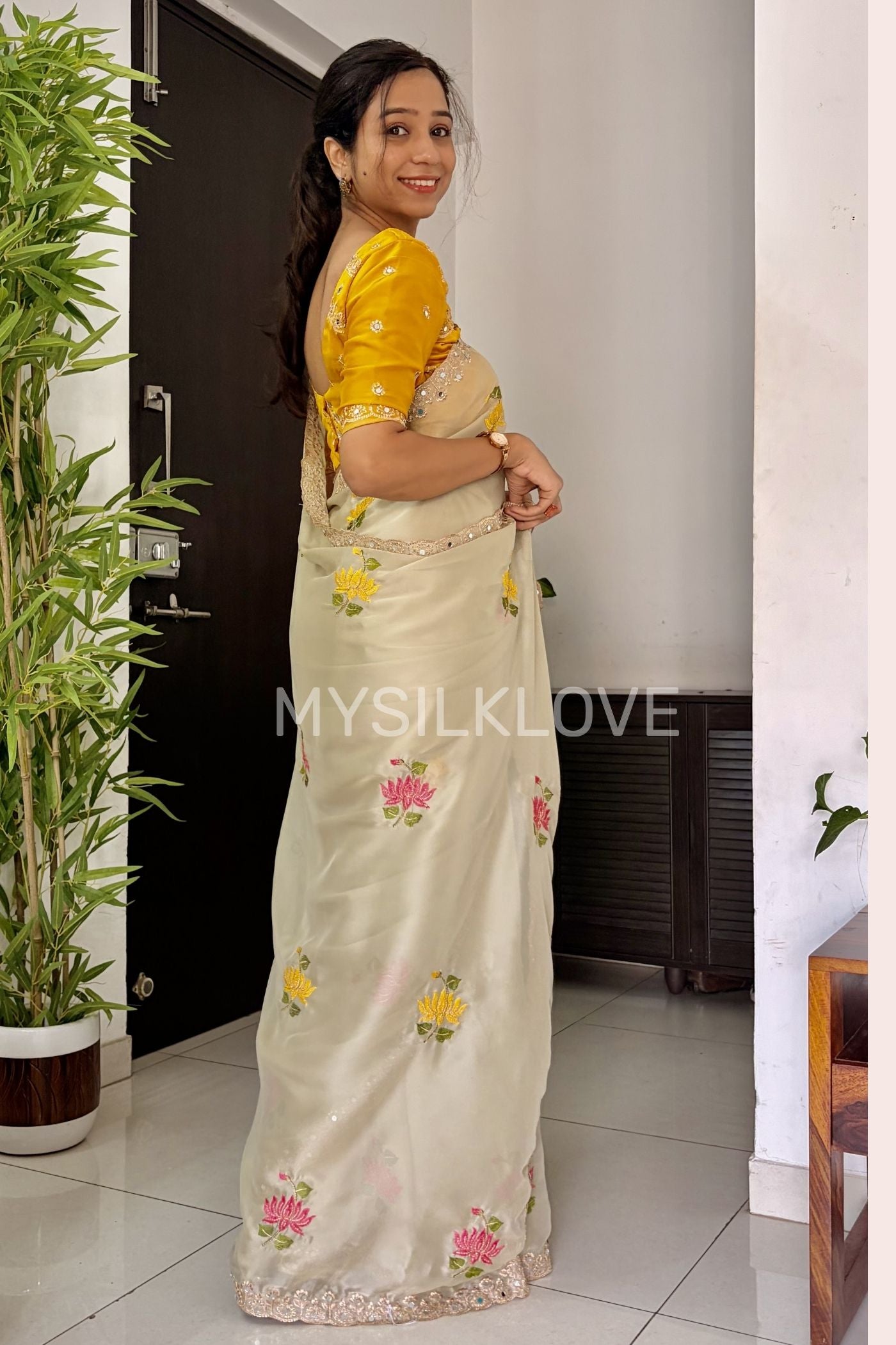 Buy MySilkLove Milk Cream and Yellow Embroidery Chiffon Floral Saree Without Blouse Online