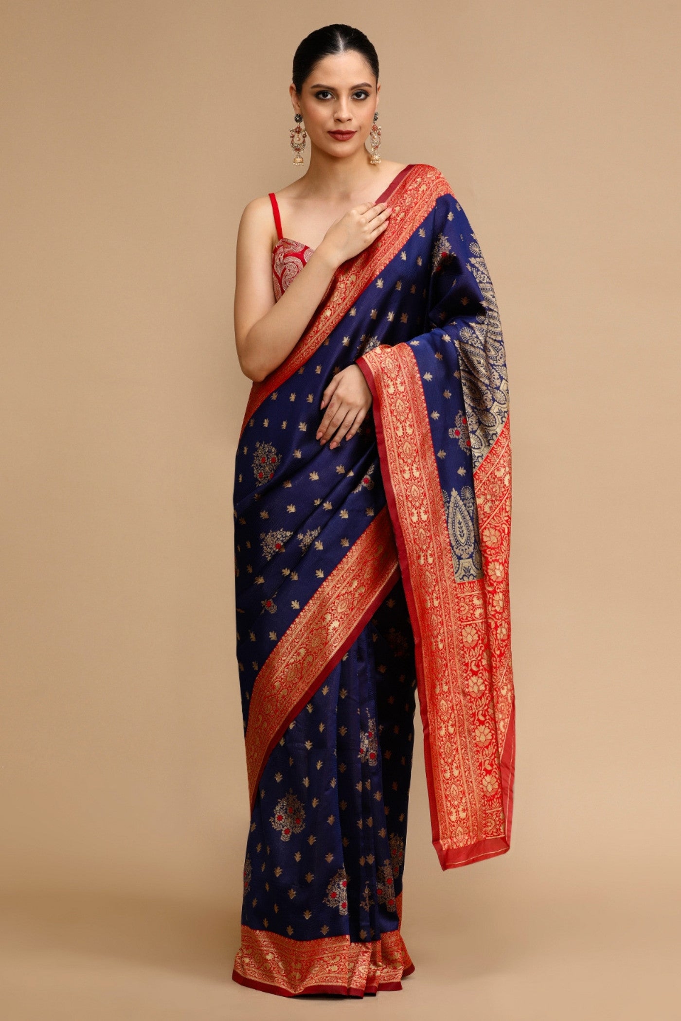 Buy MySilkLove Midnight Blue and Red Woven Jacquard Lichi Silk Saree Online