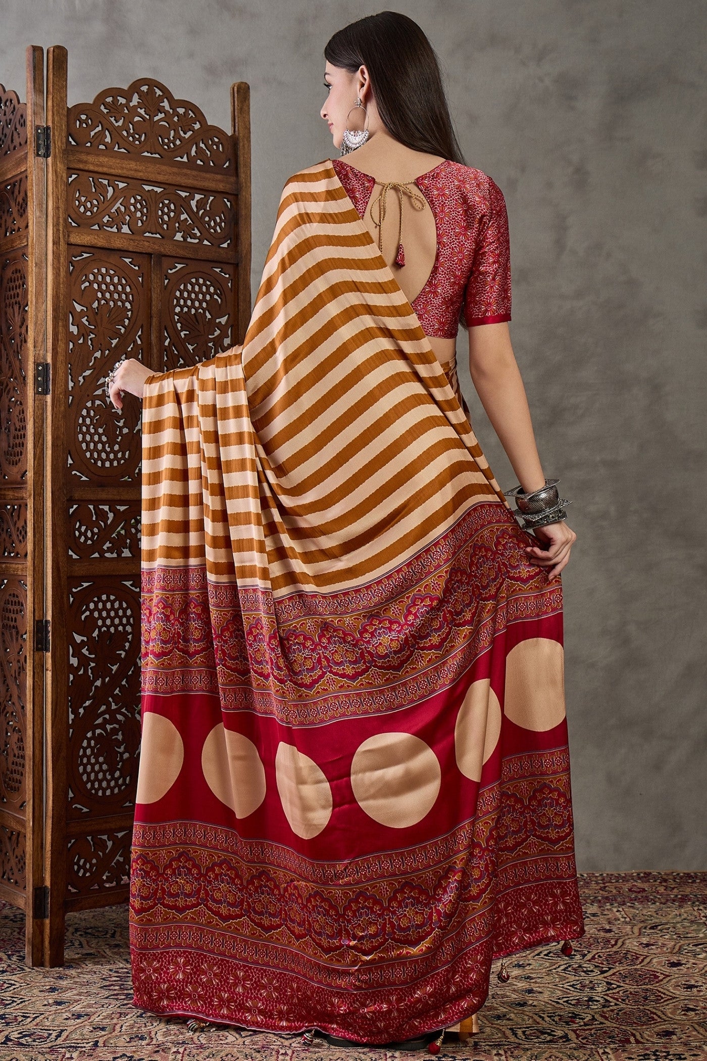 Buy MySilkLove Glossy Orange Stripe Ajrakh Printed Satin Gaji Silk Saree Online