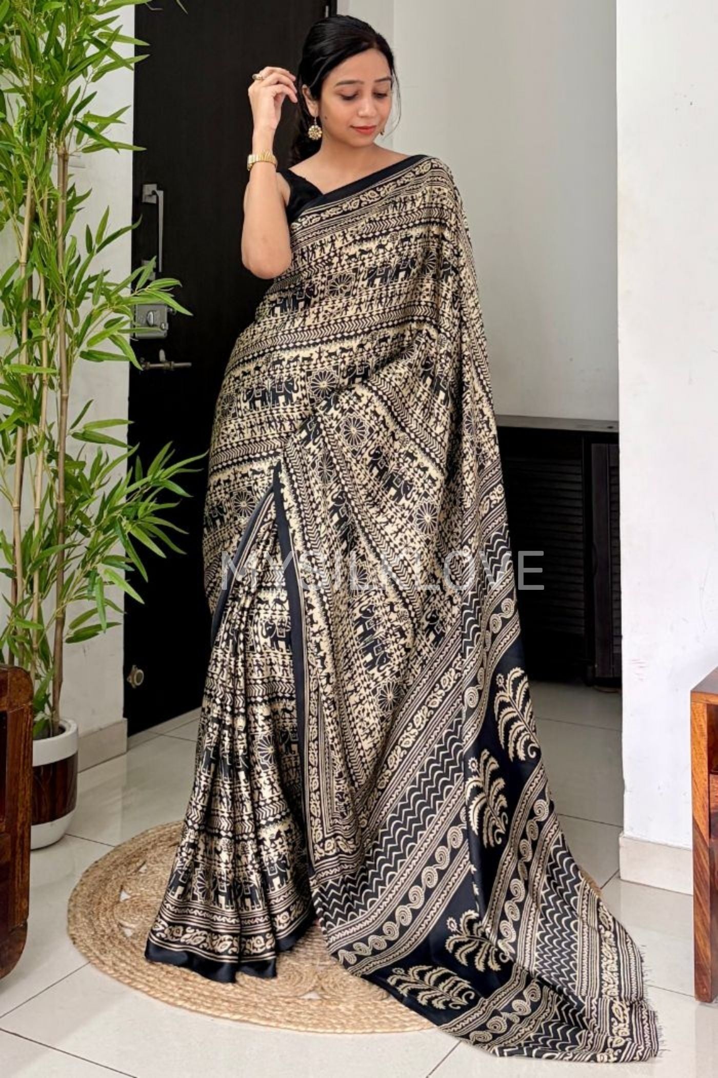 Buy MySilkLove Black Cat Modal Satin Kalamkari Printed Saree Online
