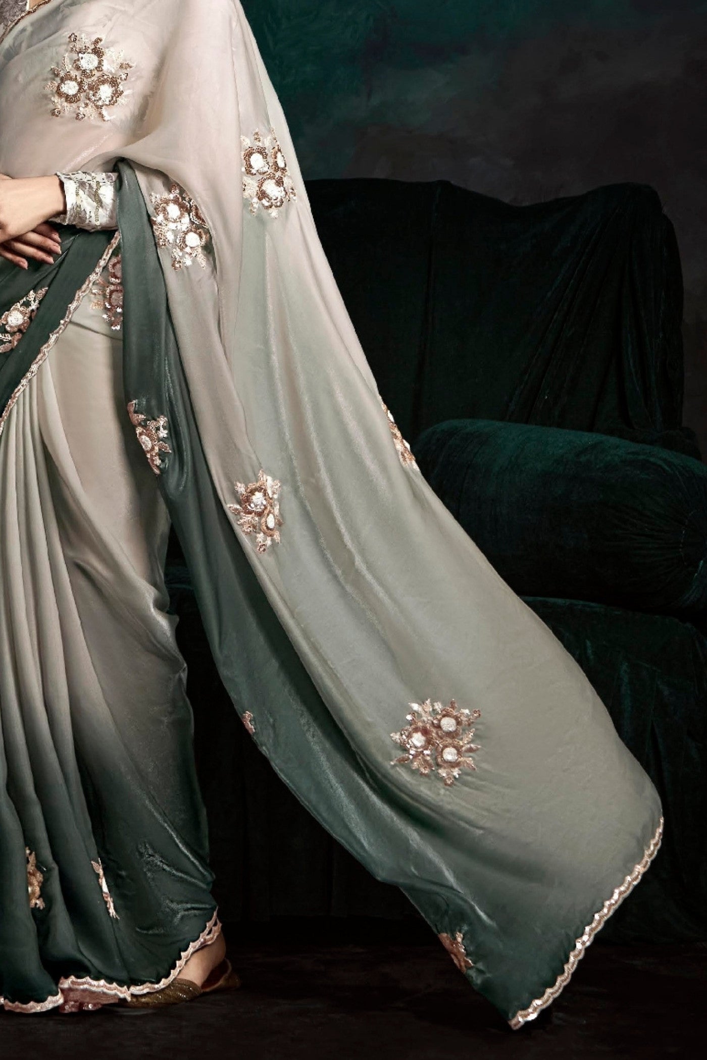 Buy MySilkLove Lead Grey Embroidered Tissue Designer Saree Online