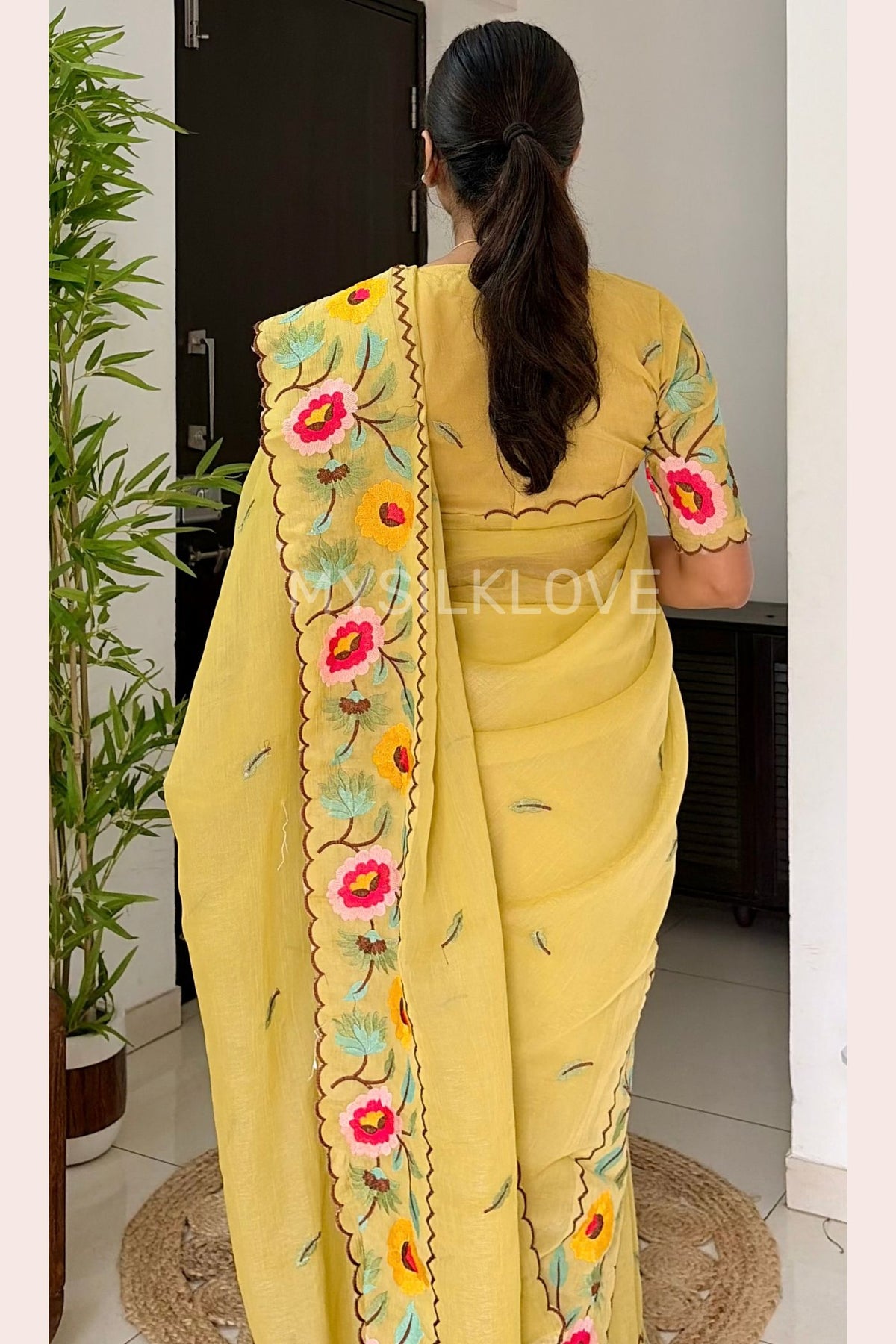 Buy MySilkLove Cornsilk Yellow Floral Embroidery Crunchy Chiffon Saree Online