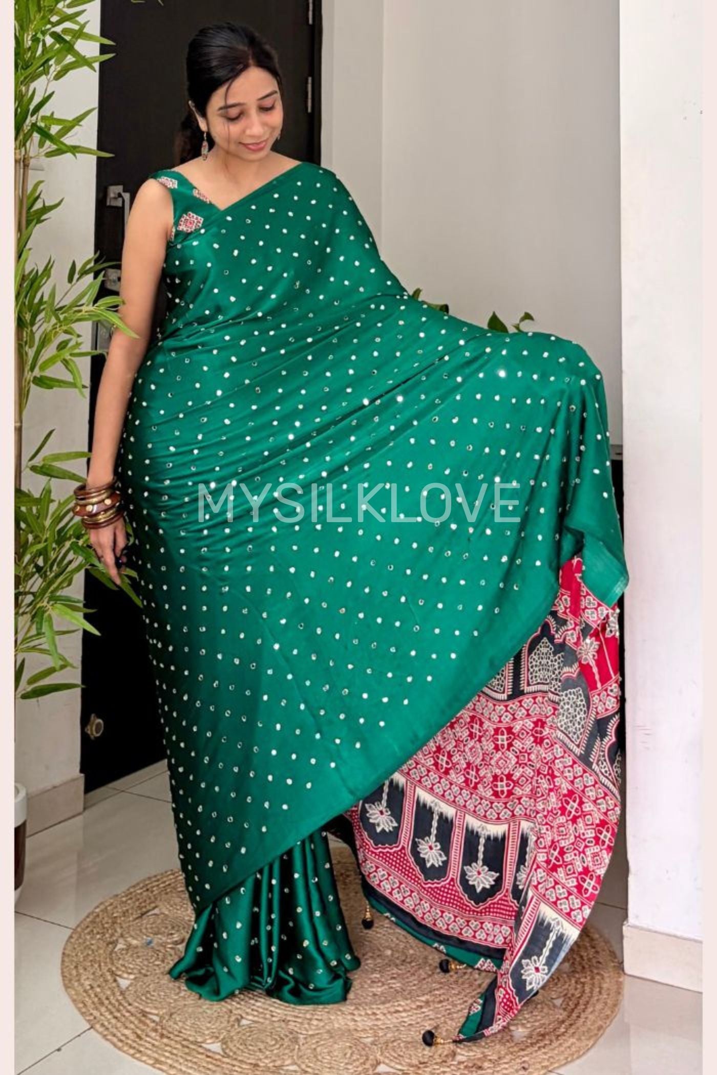 Buy MySilkLove Fire Fly Green Ajrakh Satin Printed Mirror Work Saree Online