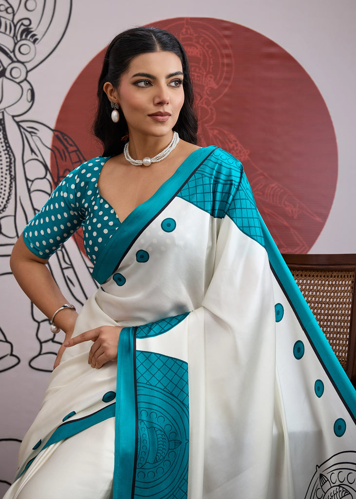 MySilkLove Steel Blue and White Printed Satin Crepe Silk Saree