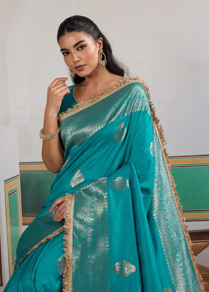 MySilkLove Cyan Bue Woven Banarasi Satin Silk Saree