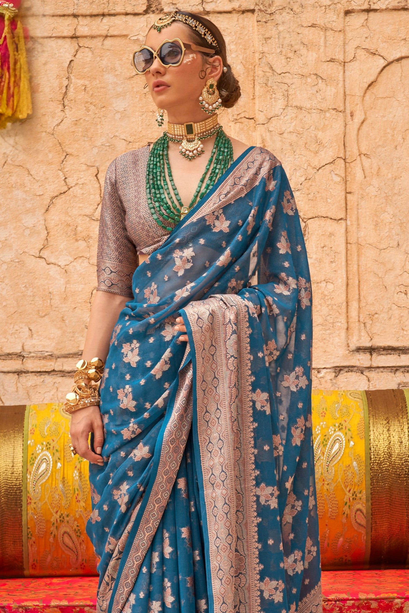 Buy MySilkLove Olympic Blue Zari Woven Georgette Saree Online