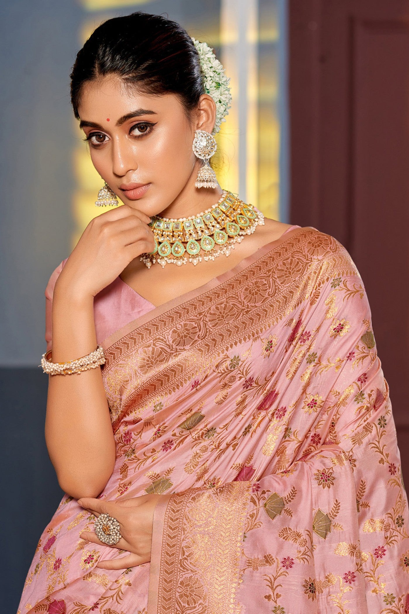 Buy MySilkLove Beauty Pink Zari Woven Banarasi Saree Online