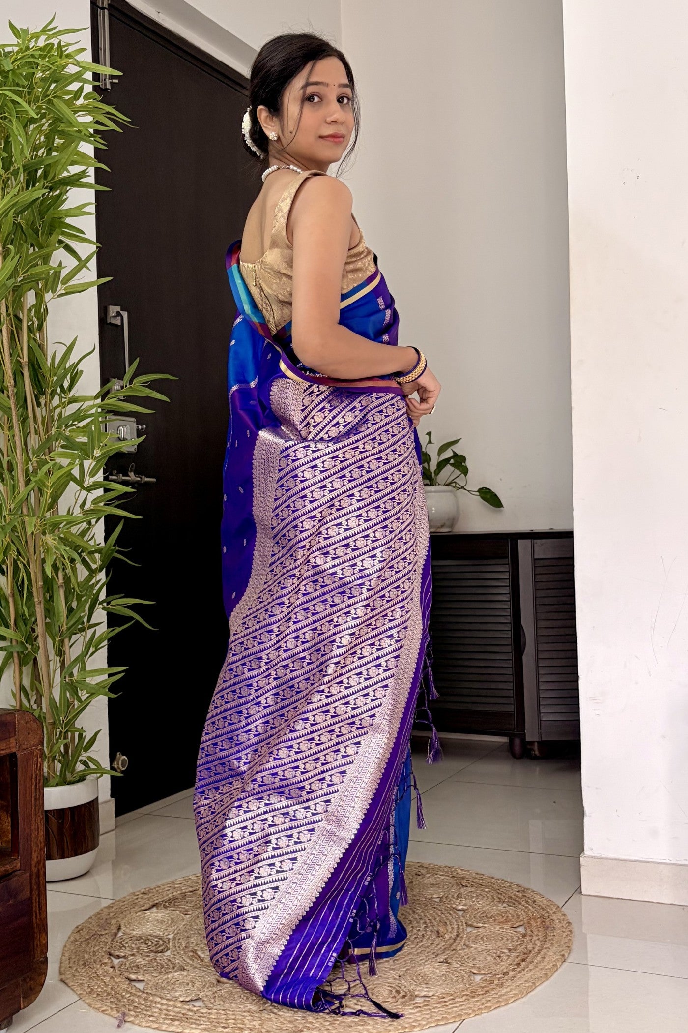 Buy MySilkLove Dark Blue Handloom Rangkat Banarasi Satin Silk Saree Online
