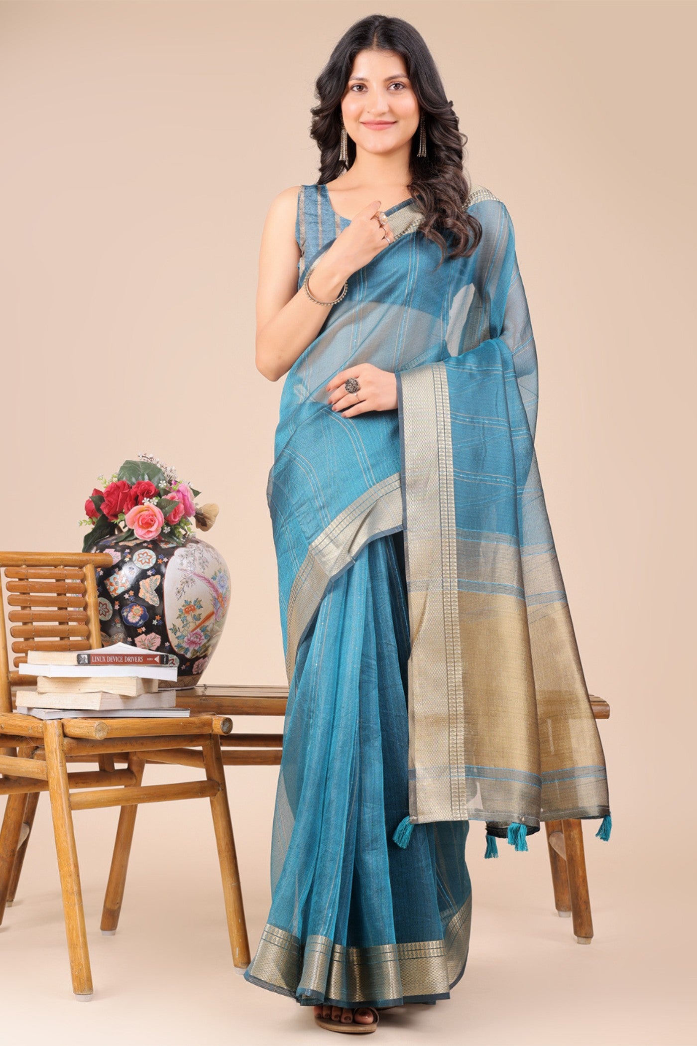 Buy MySilkLove Maximum Blue Woven Organza Saree Online
