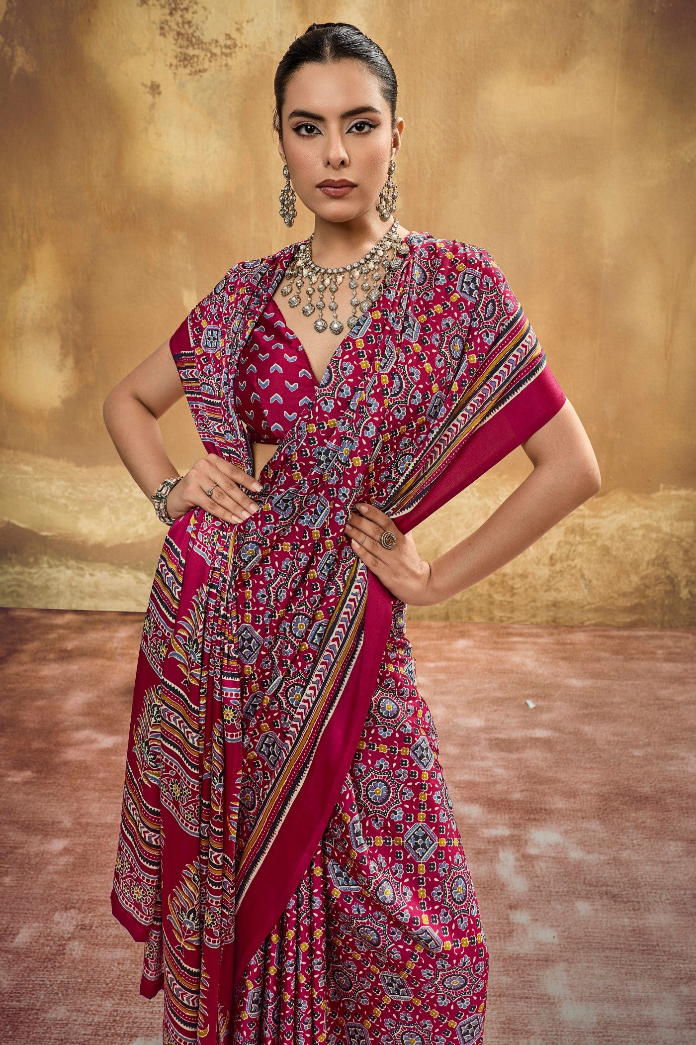 MySilkLove Angare Maroon Modal Ajrakh Satin Printed Silk Saree