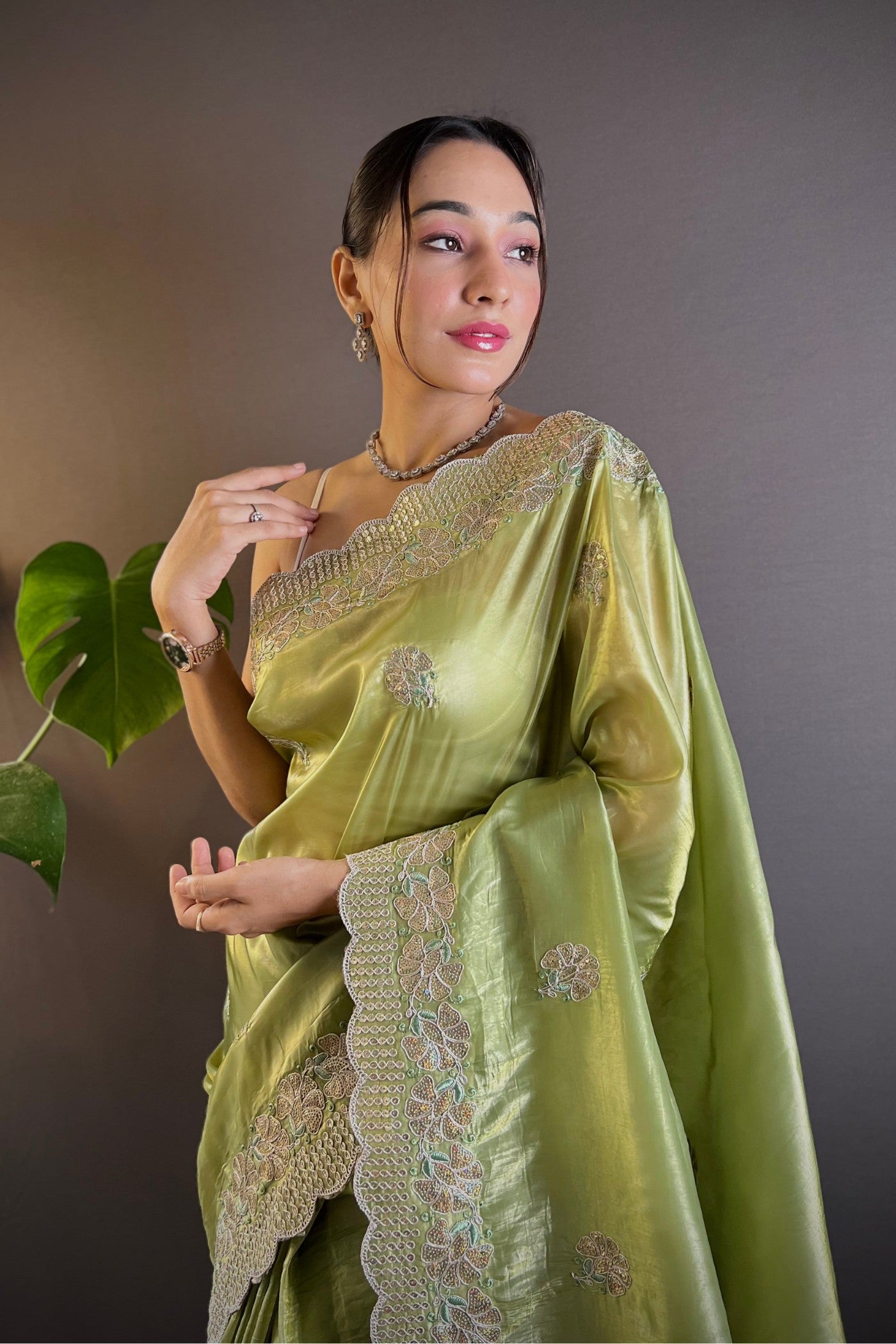 MySilkLove Norway Green Embroidered Party Wear Saree