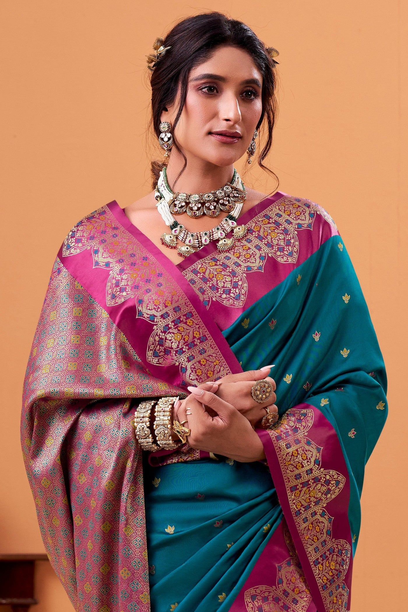 MySilkLove Peacock Blue Woven Satin Soft Silk Saree