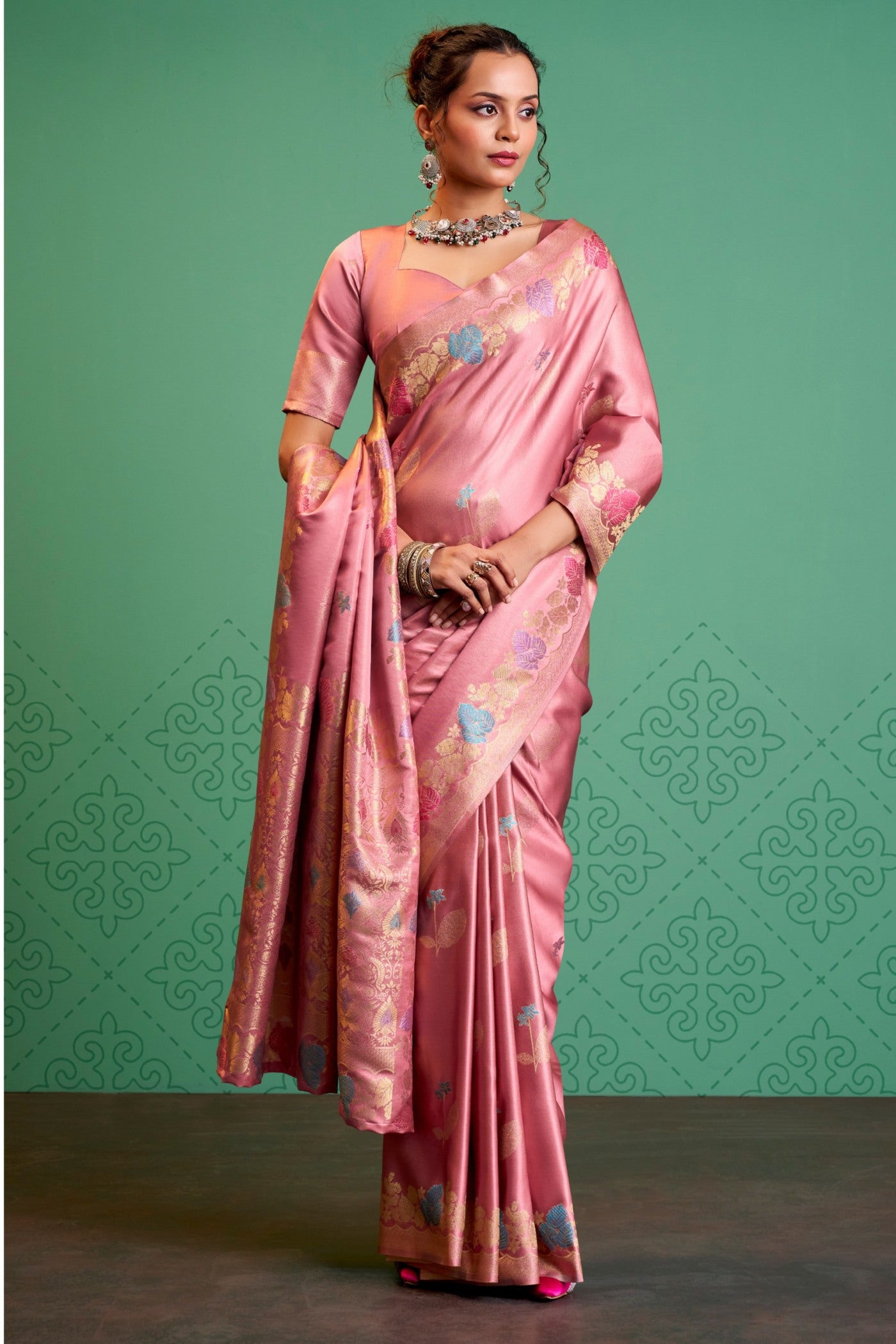 Buy MySilkLove Rosy Pink Handloom Satin Silk Saree Online