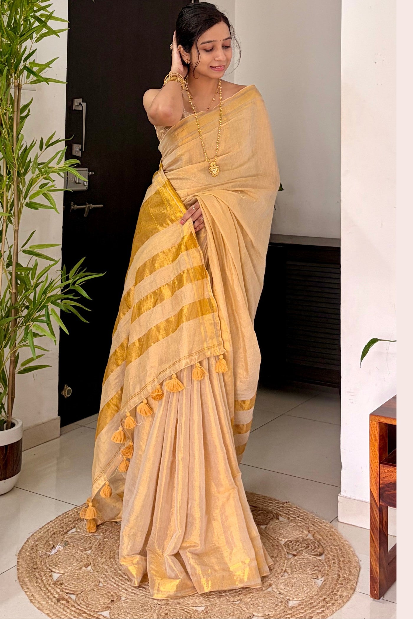 Buy MySilkLove Butter Cream Tissue Woven Silk Saree Online