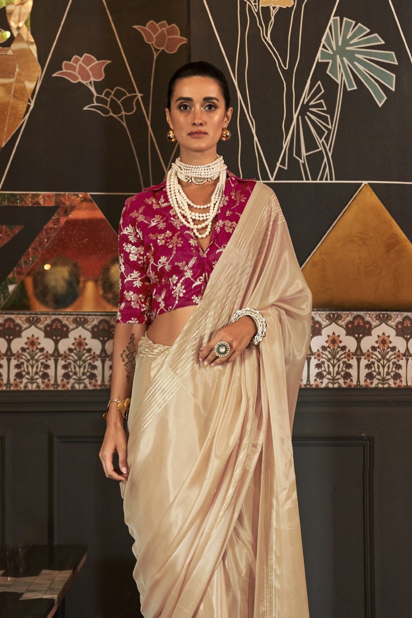 Buy MySilkLove Brandy Cream Viscose Satin Handloom Saree Online