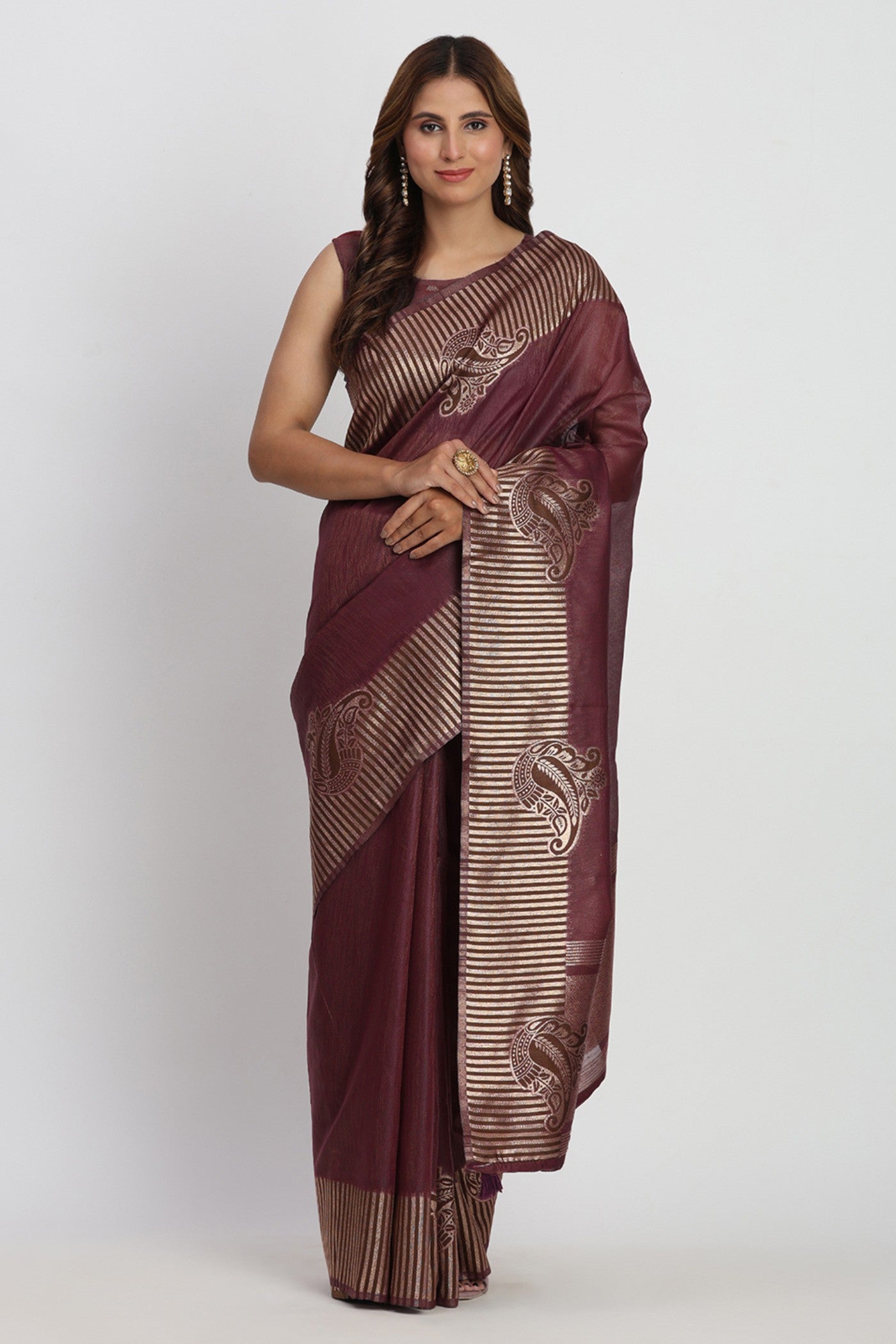 Buy MySilkLove Pecan Brown Woven Linen Cotton Saree Online