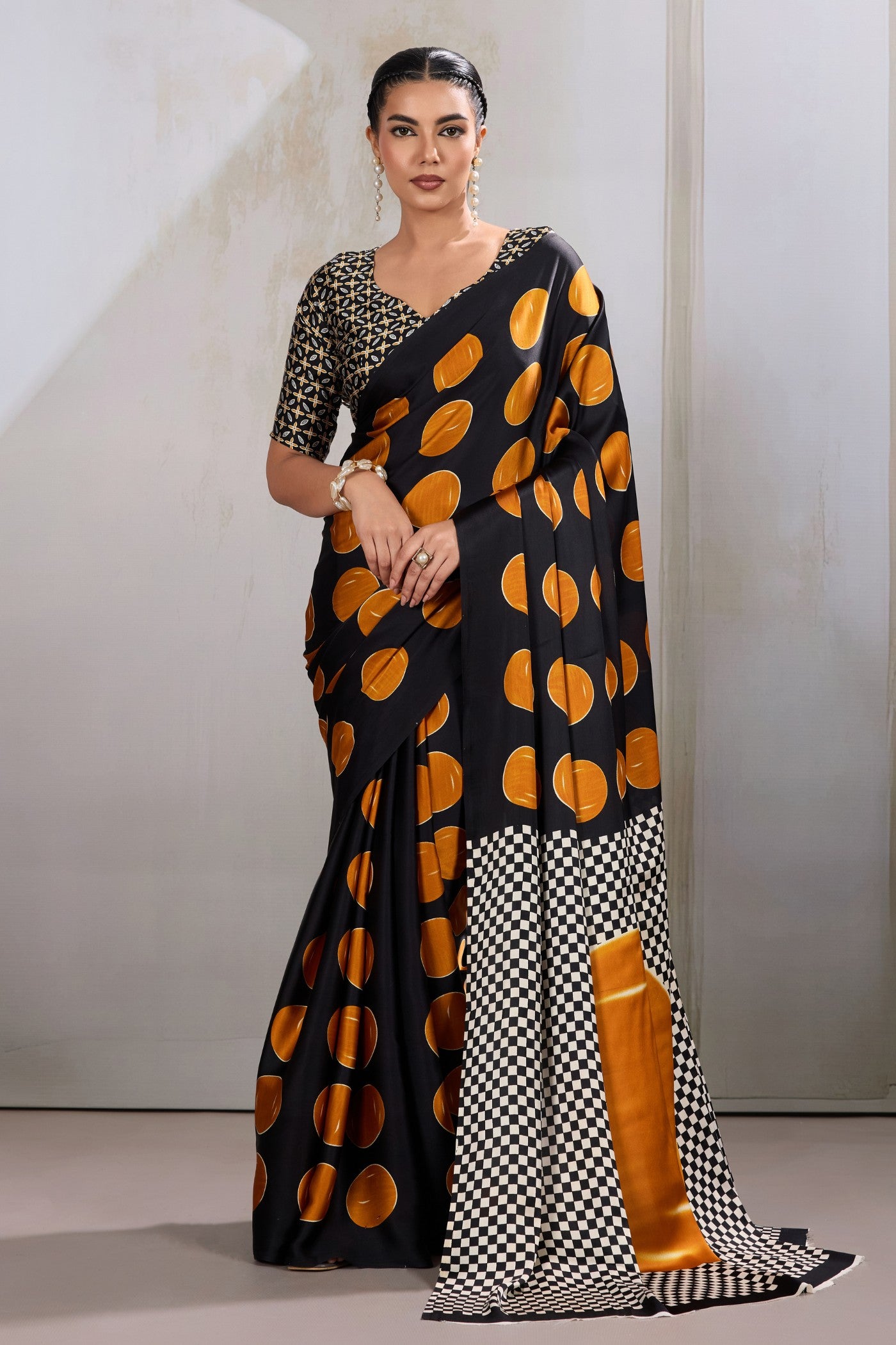 Buy MySilkLove Apricot Orange and Black Printed Polka Dots Satin Crepe Saree Online
