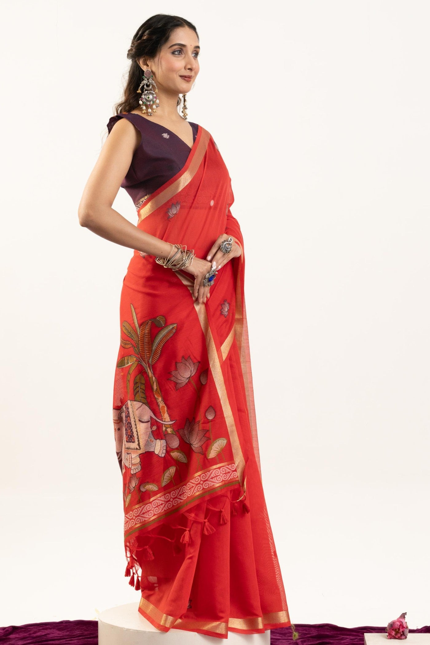 Buy MySilkLove Vermilion Glow Red Woven Soft Muga Cotton Saree Online