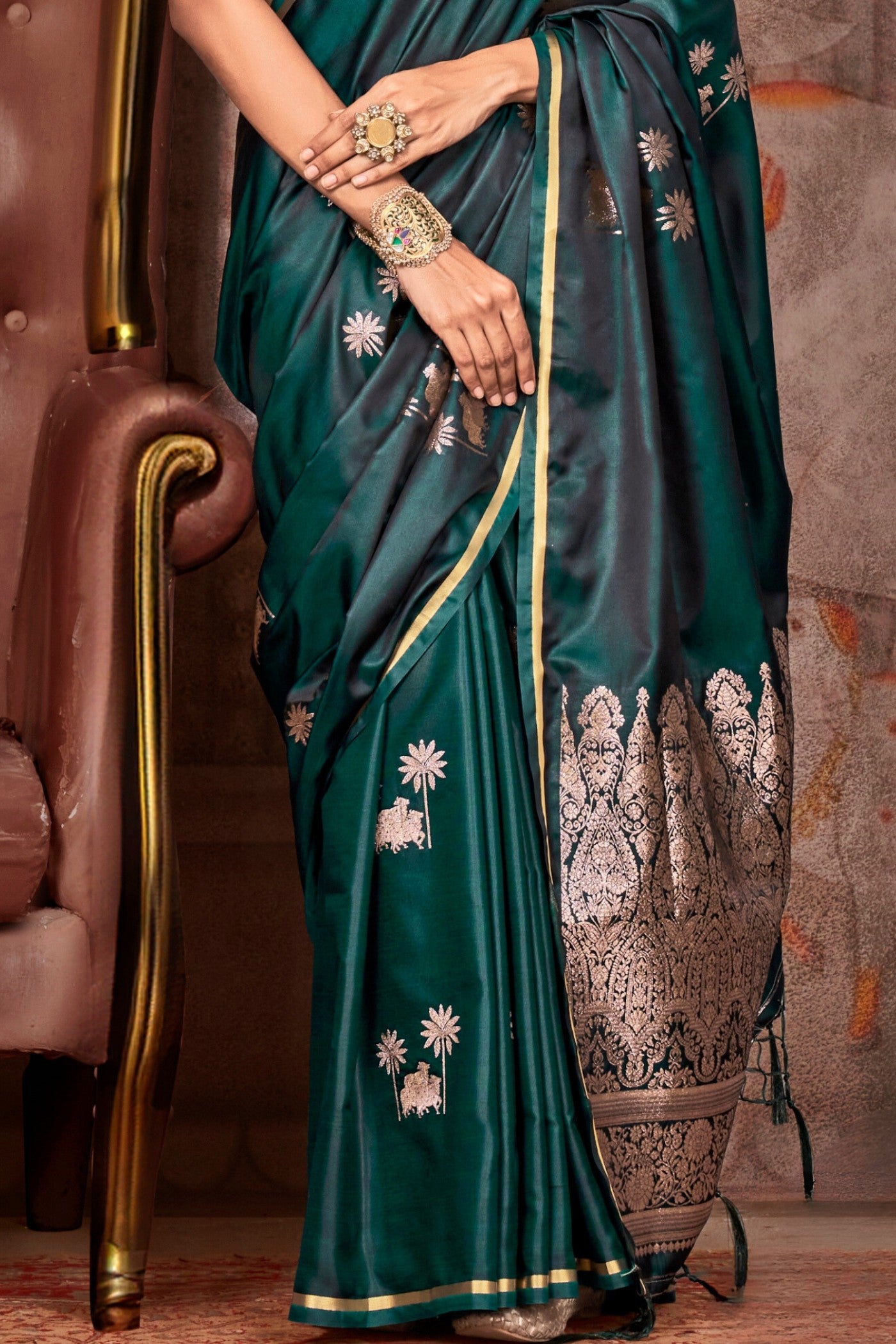 Buy MySilkLove Hunter Green Banarasi Pichwai Satin Saree Online