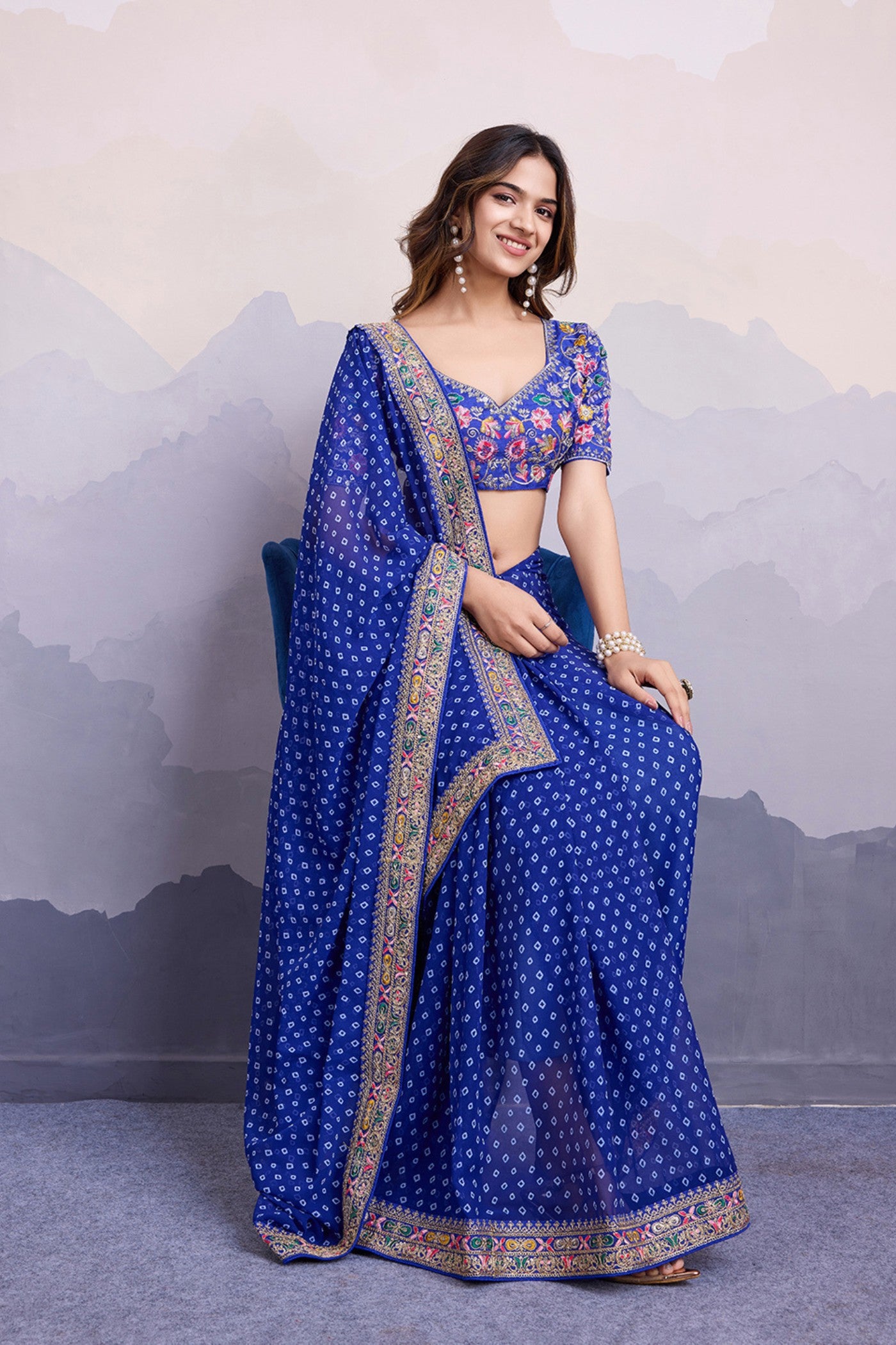 Buy MySilkLove Cobalt Blue Bandhani Georgette Printed Partywear Saree Online