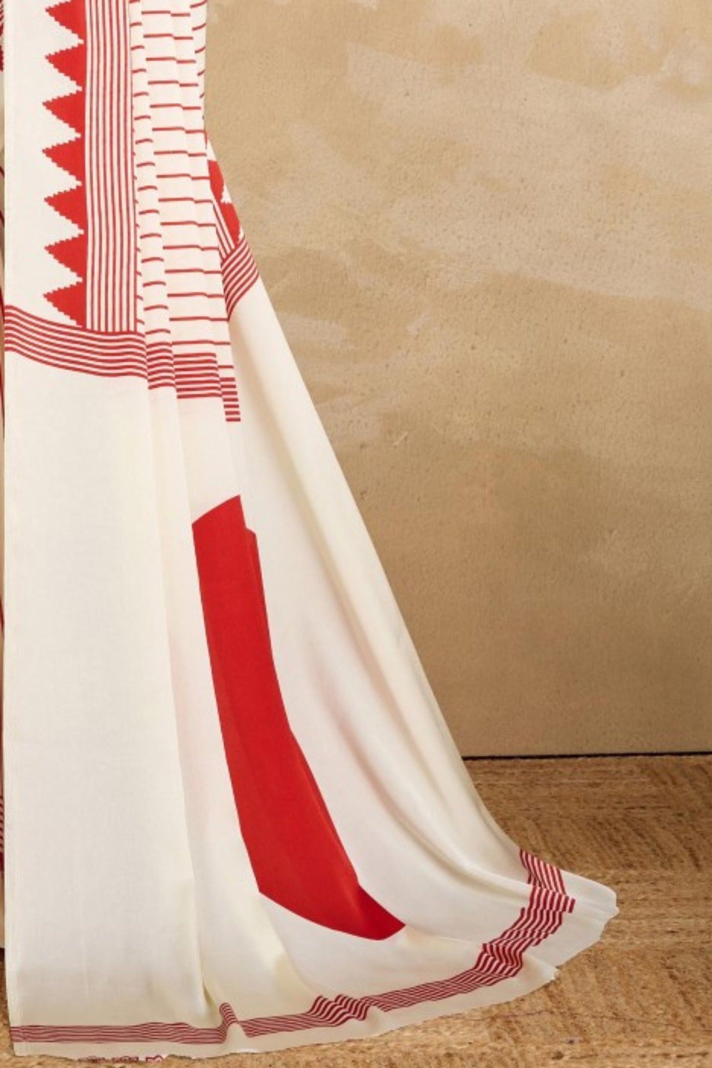 Buy MySilkLove Beige and Red Ajrakh Printed Satin Crepe Silk Saree Online