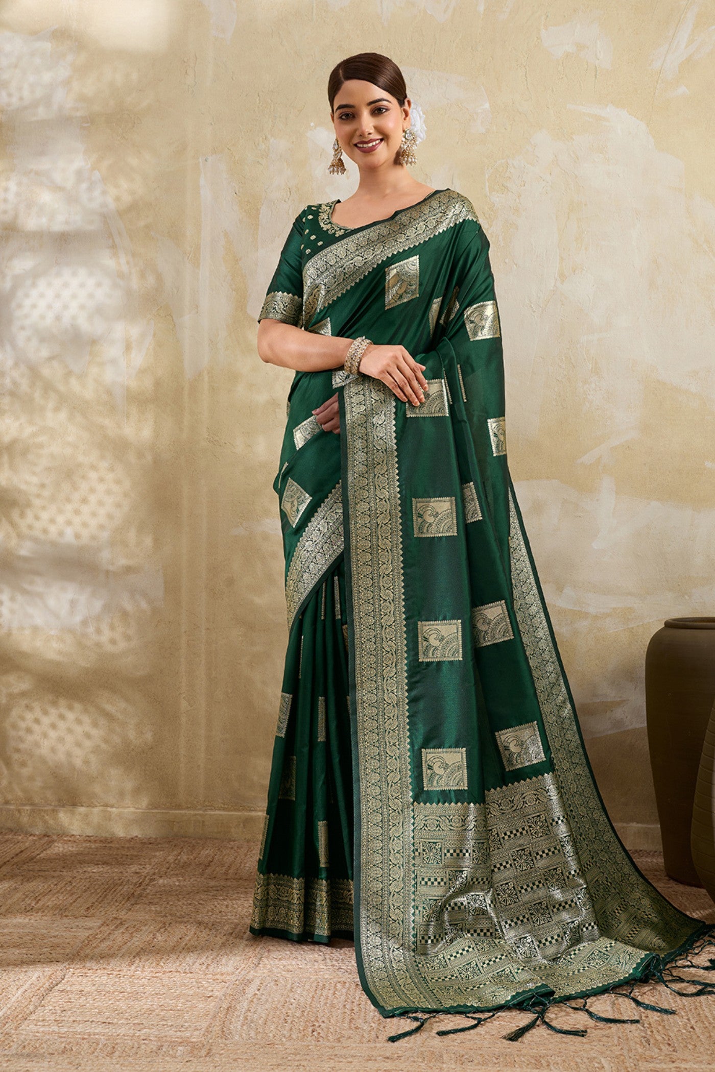 Buy MySilkLove Laurel Green Woven Banarasi Soft Silk Saree Online