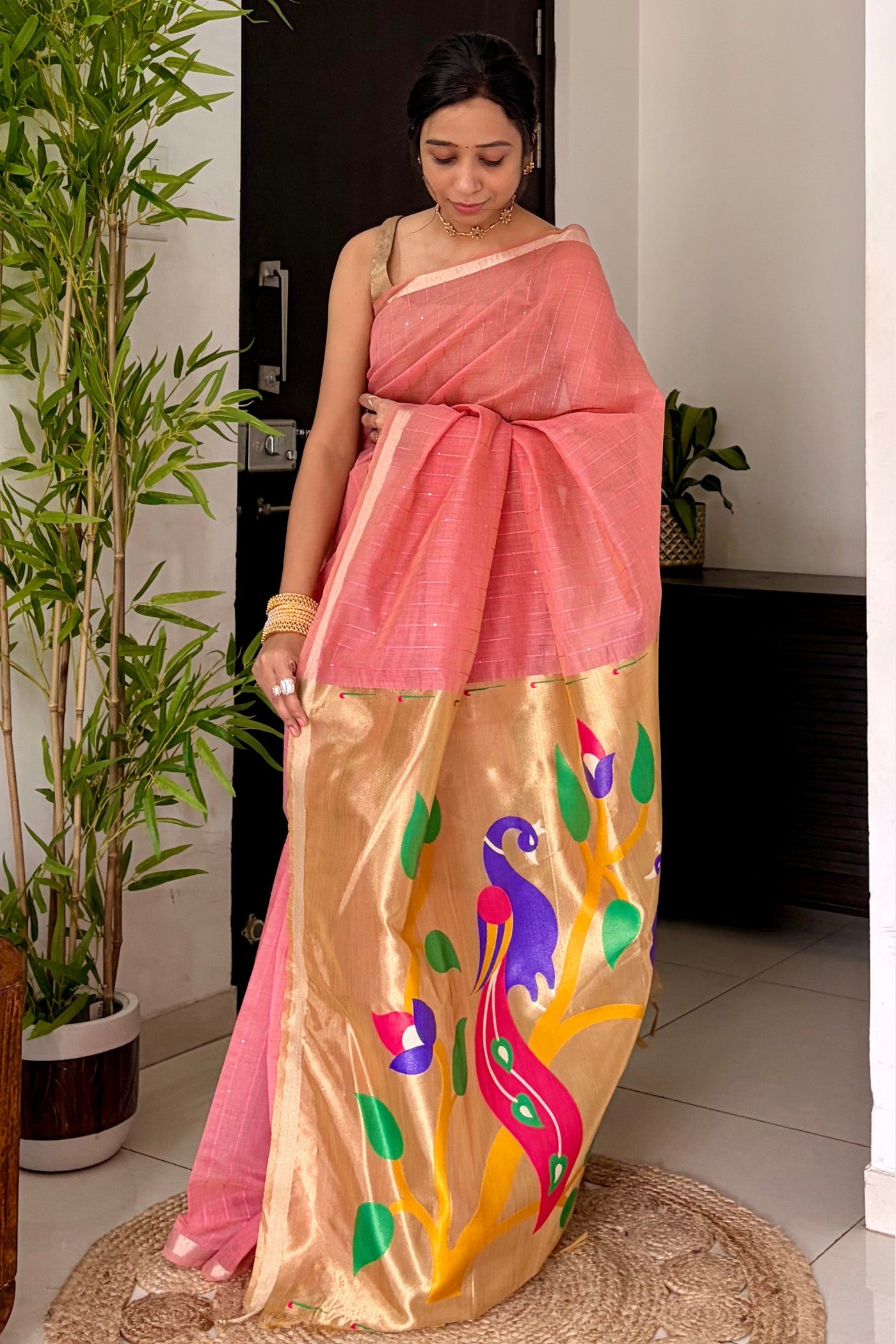Buy MySilkLove Froly Pink Jamdani Cotton Tissue Paithani Saree Online