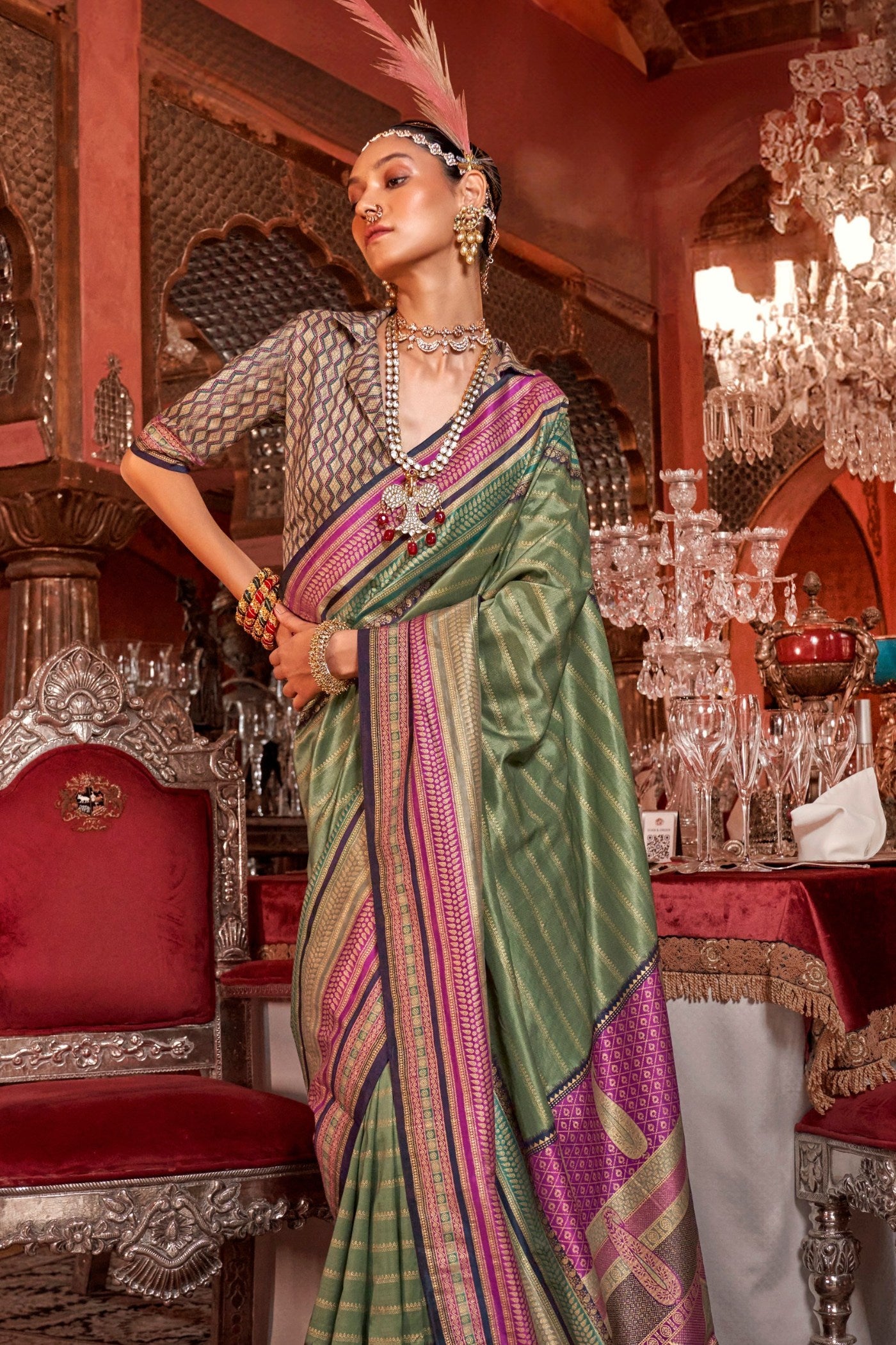 Buy MySilkLove Pesto Green Printed Patola Saree Online