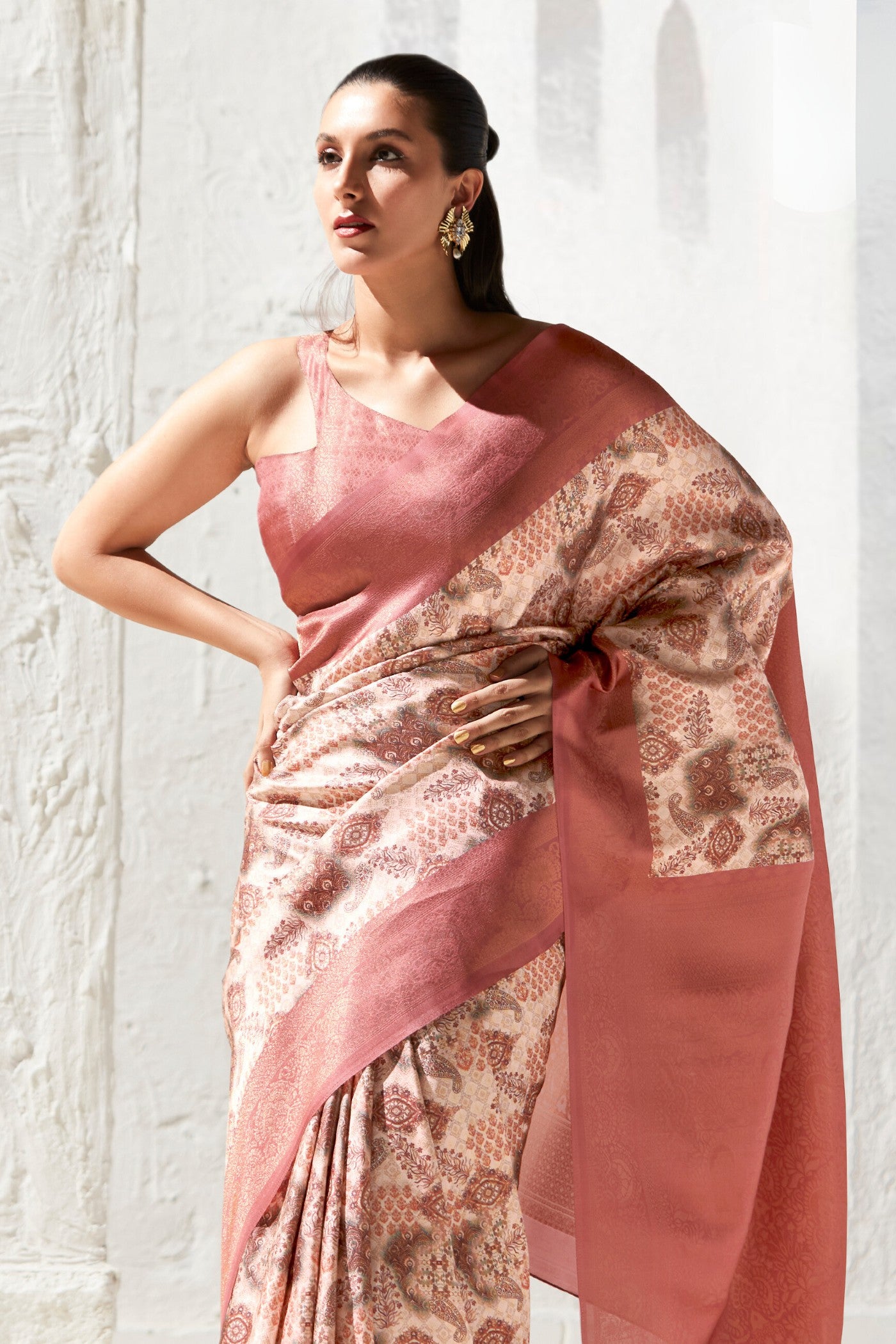 Buy MySilkLove Wewak Peach Banarasi Digital Printed Saree Online