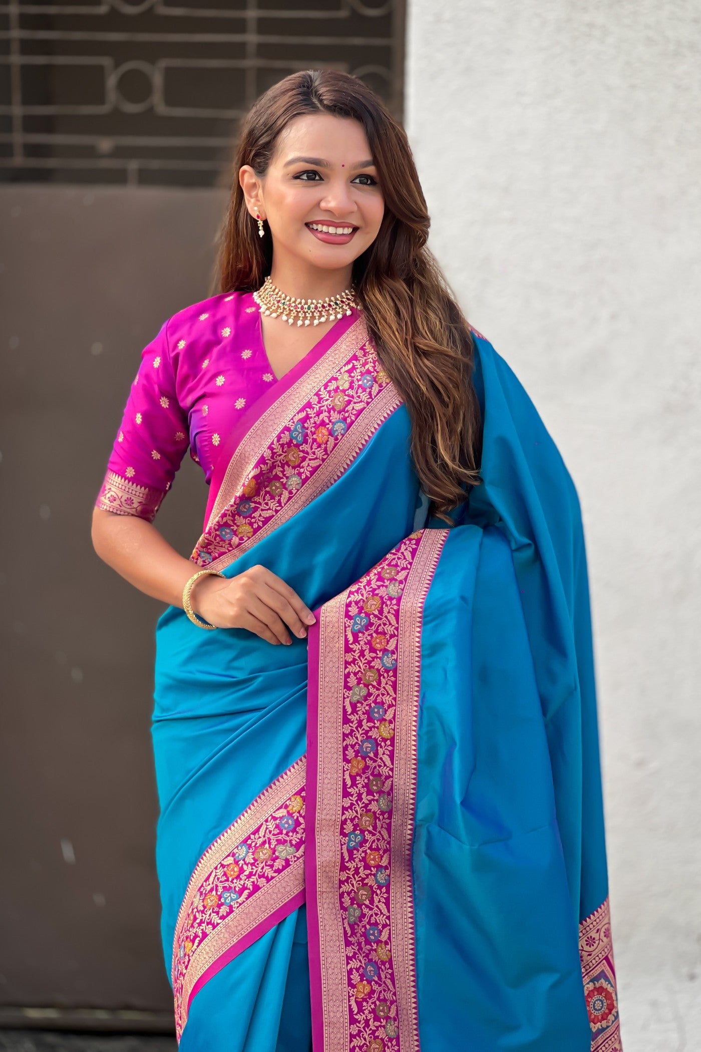 Buy MySilkLove Electric Blue and Pink Zari Woven Paithani Saree Online