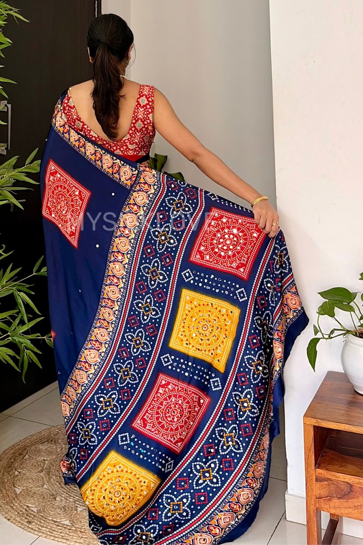 Buy MySilkLove Bluebell Blue Satin Printed Bandhani Mirror Work Saree Online
