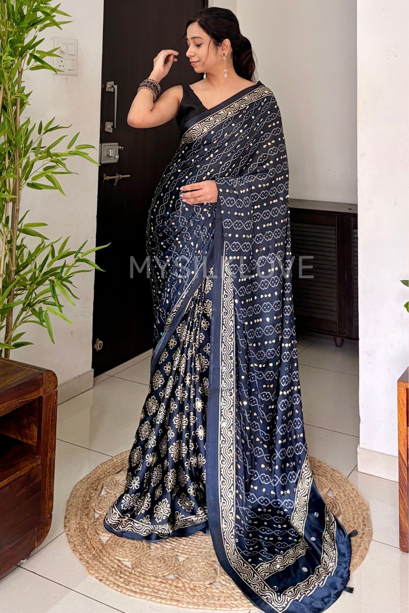 Buy MySilkLove Obsidian Black and Blue Ajrakh Satin Printed Mirror Work Saree Online