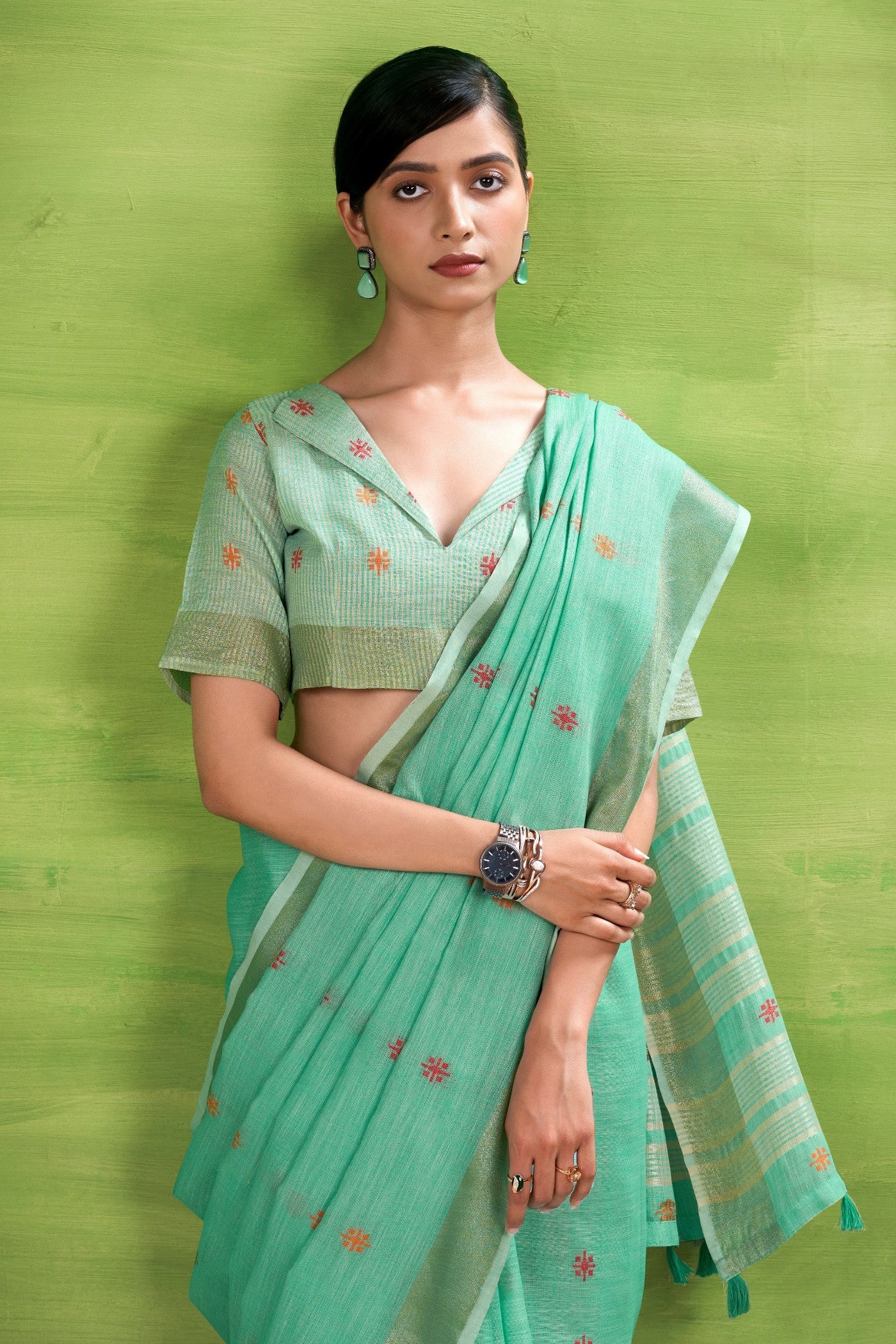 MySilkLove Bright Green Woven Linen Saree