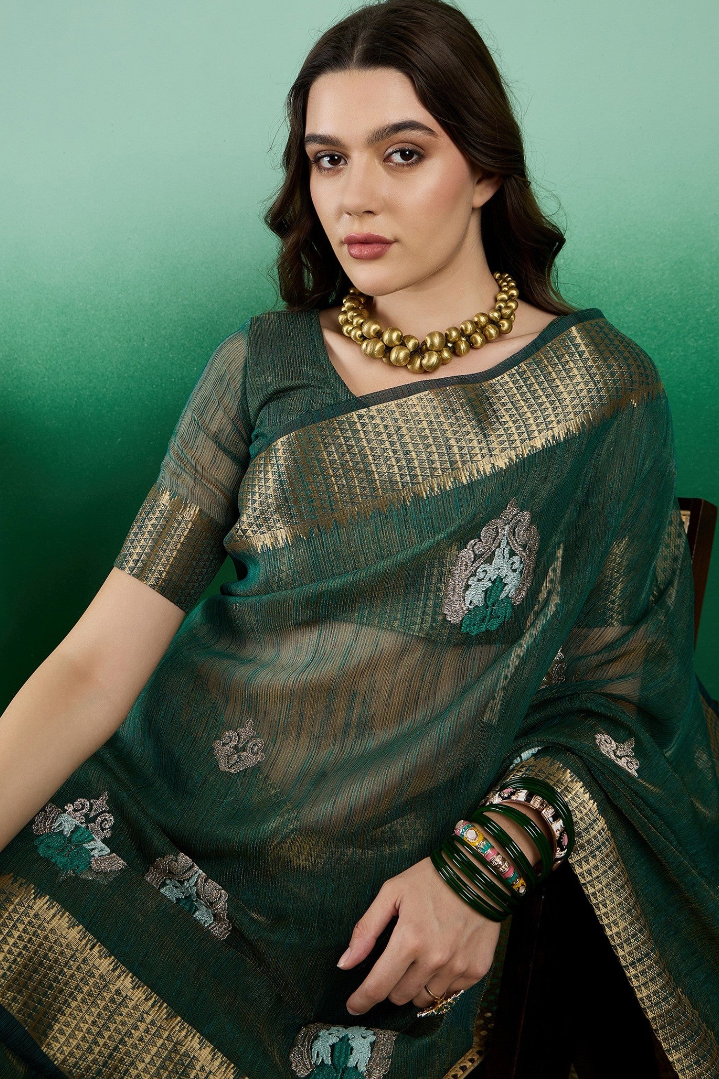 Buy MySilkLove Everglade Green Khadi Organza Saree Online