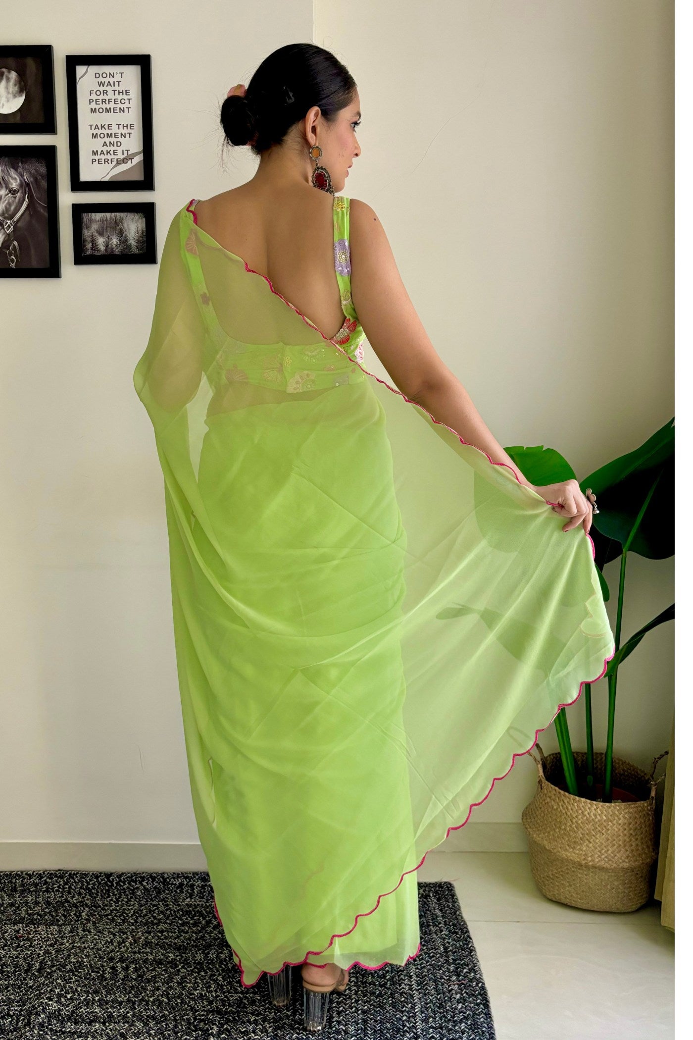 Buy MySilkLove Pear Green Gerogette Saree Online