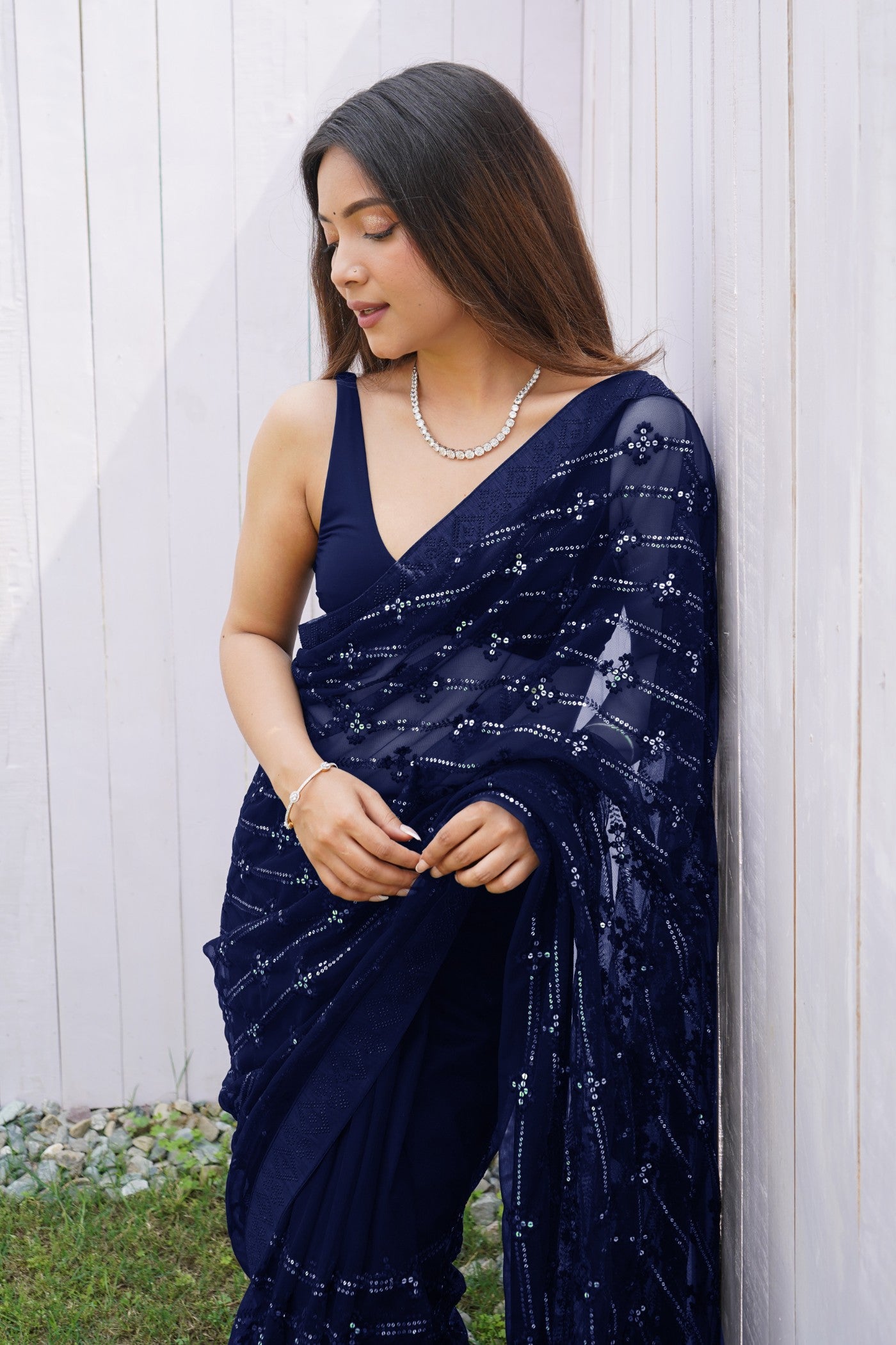 MySilkLove Berry Blue Embroidered Partywear Saree