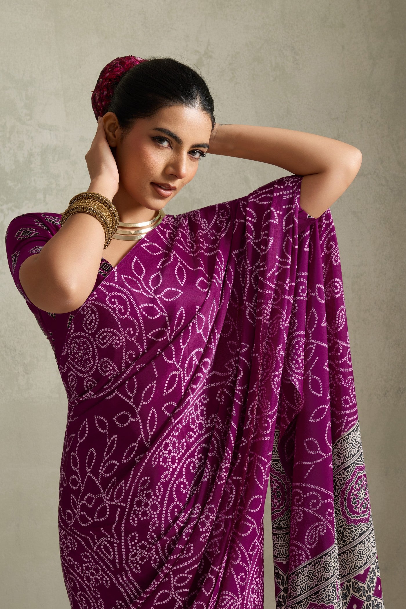 MySilkLove Jamun Purple Bandhani Printed Silk Saree