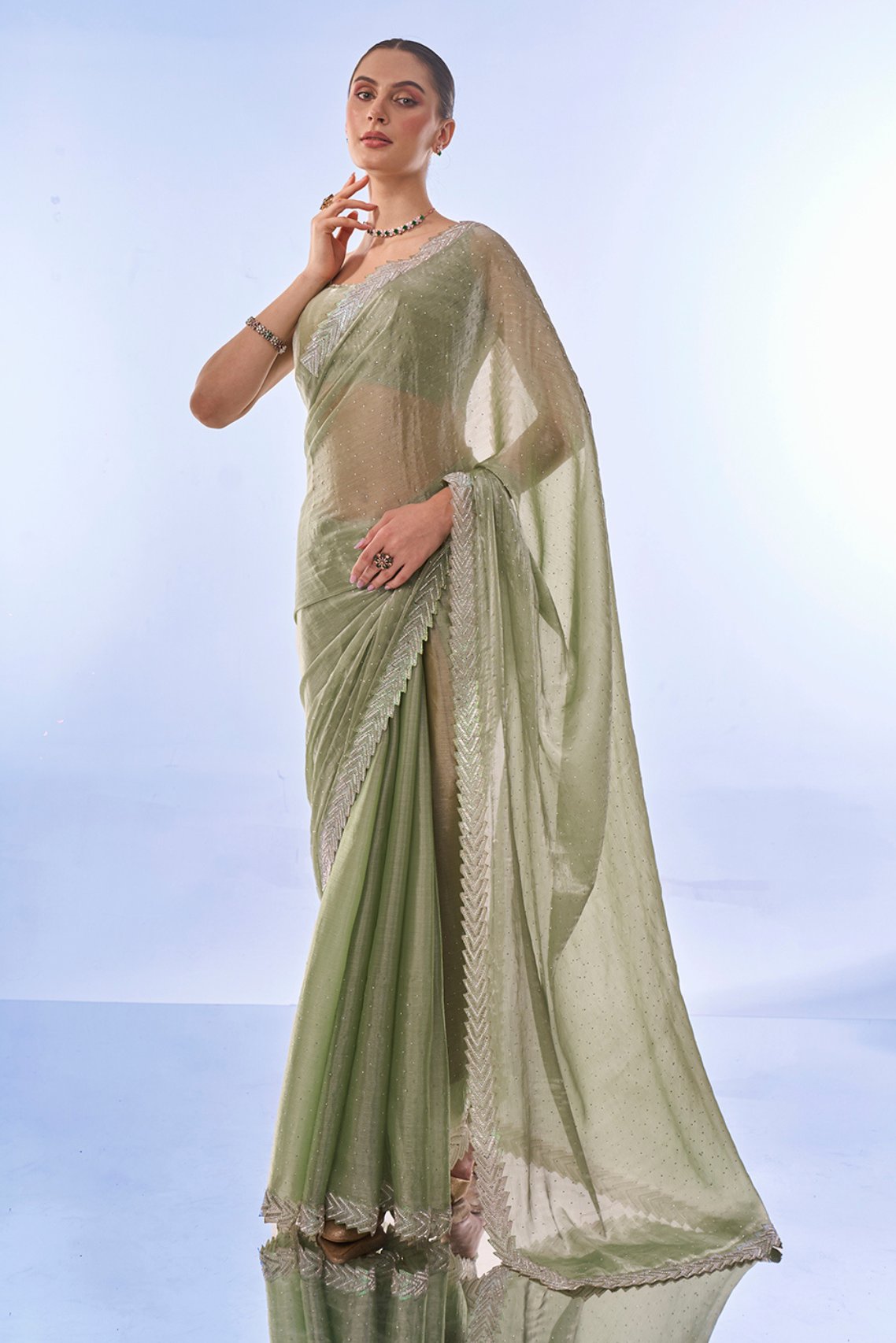 Buy MySilkLove Bison Hide Green Designer Partywear Saree Online